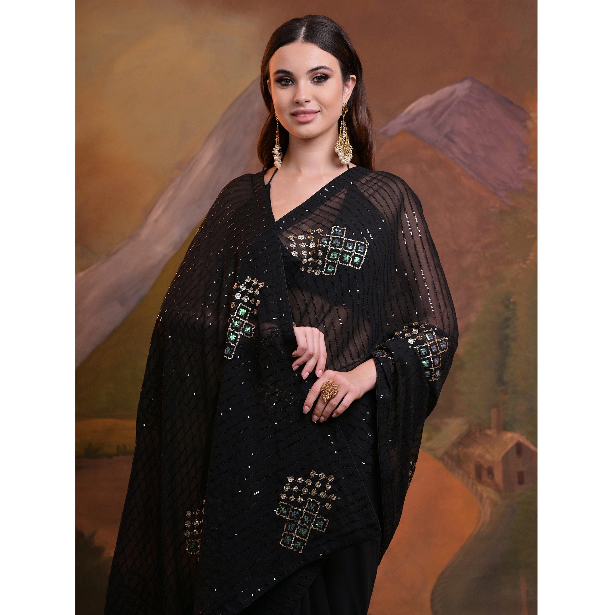 Black Sequins Embroidered Georgette Saree