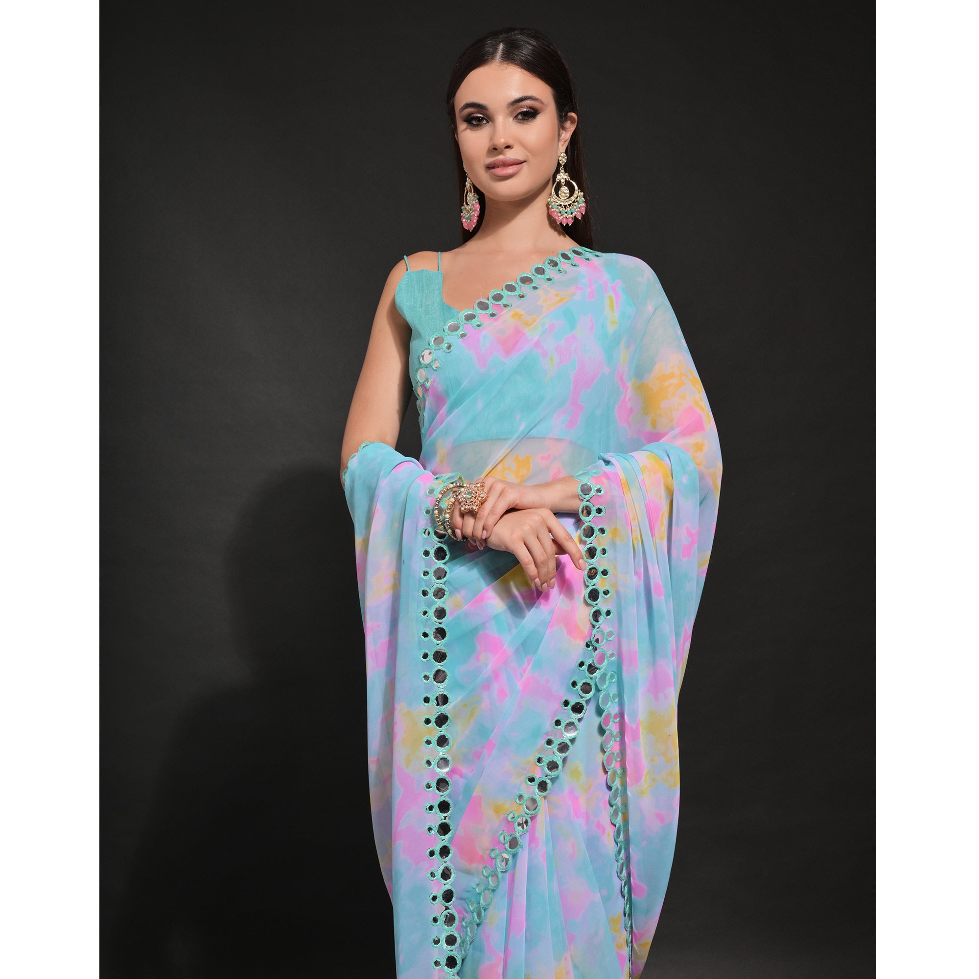 Blue Printed Georgette Saree With Embroidered Lace