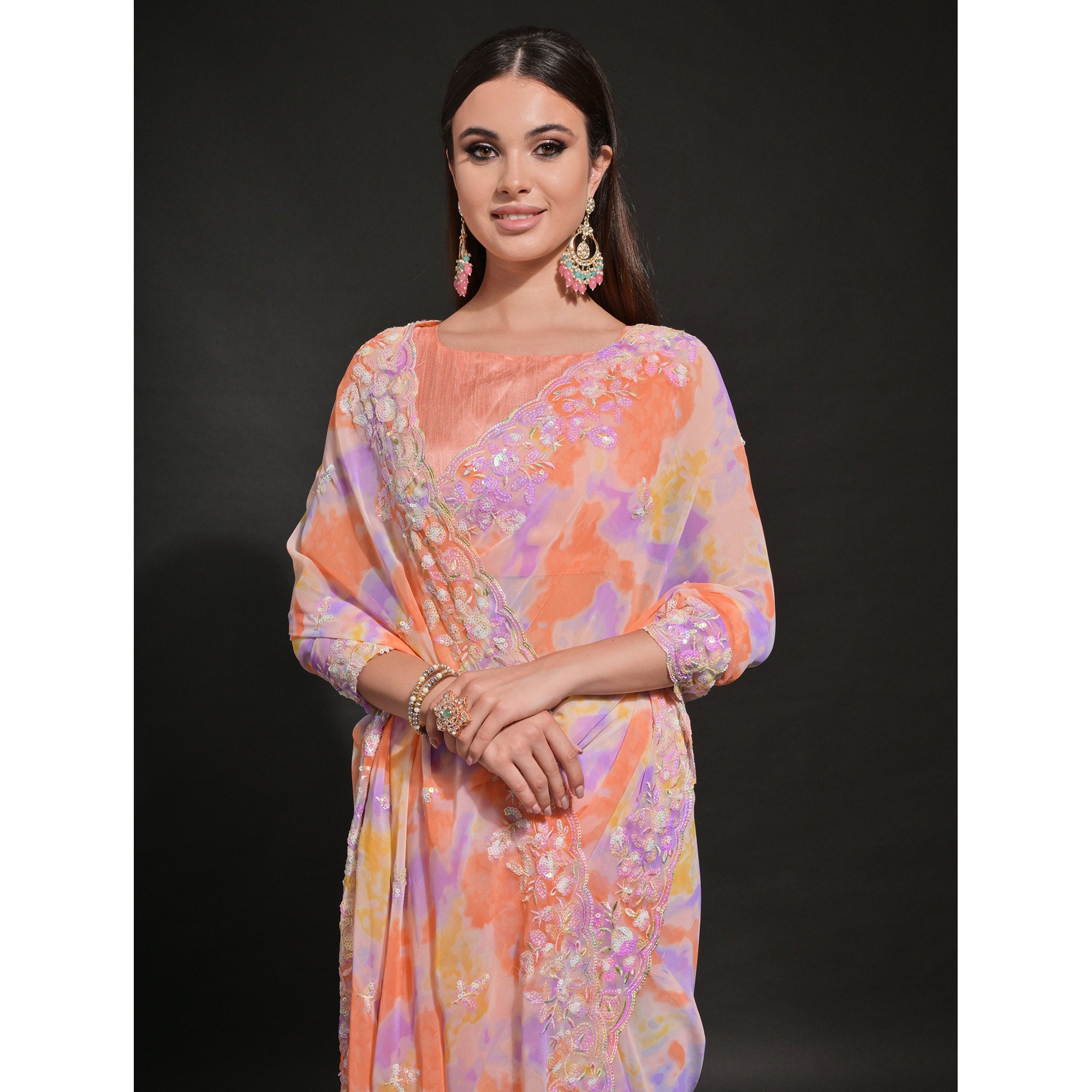 Light Orange Sequins Embroidered With Printed Georgette Saree