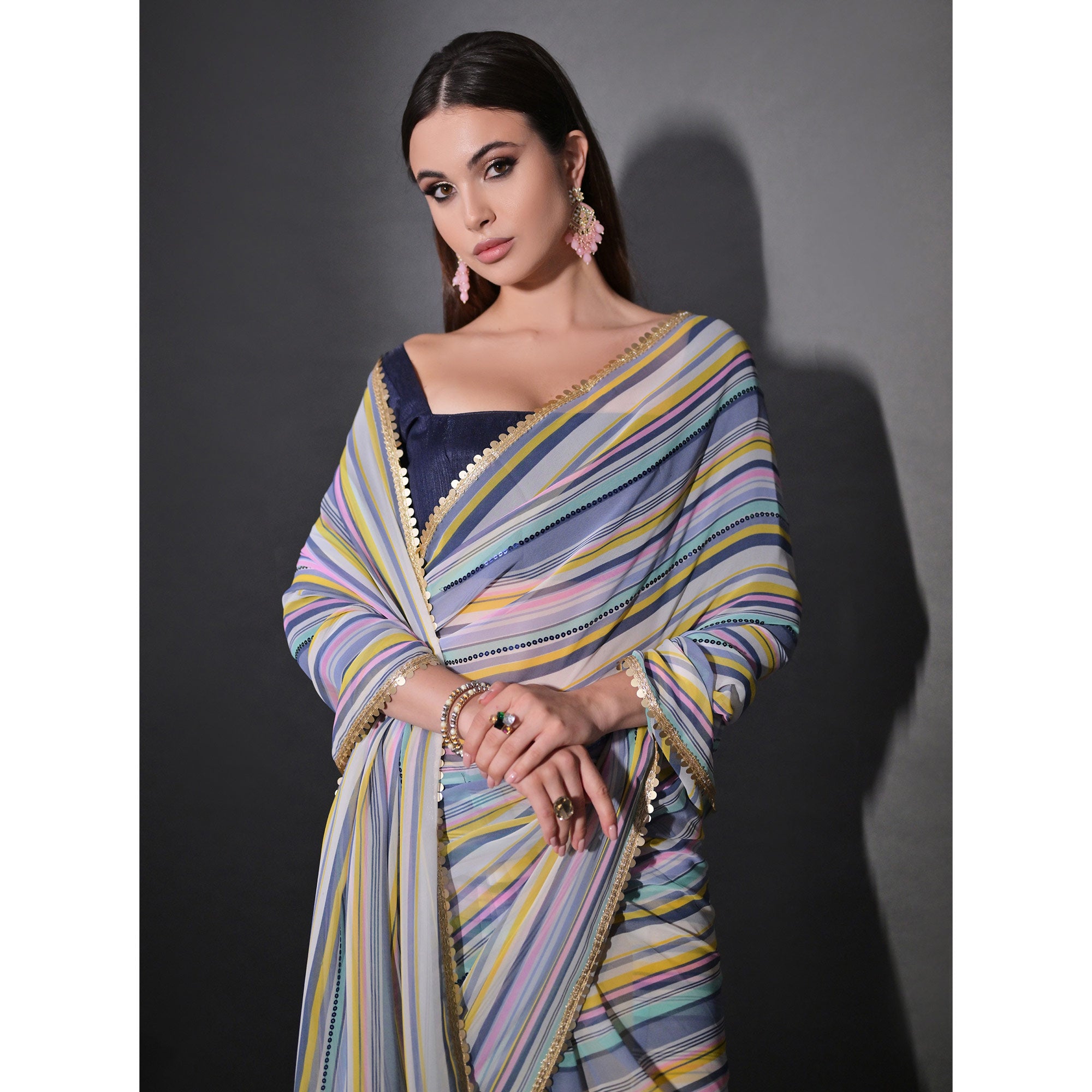 Blue Striped Printed With Sequins Embroidered Georgette Saree