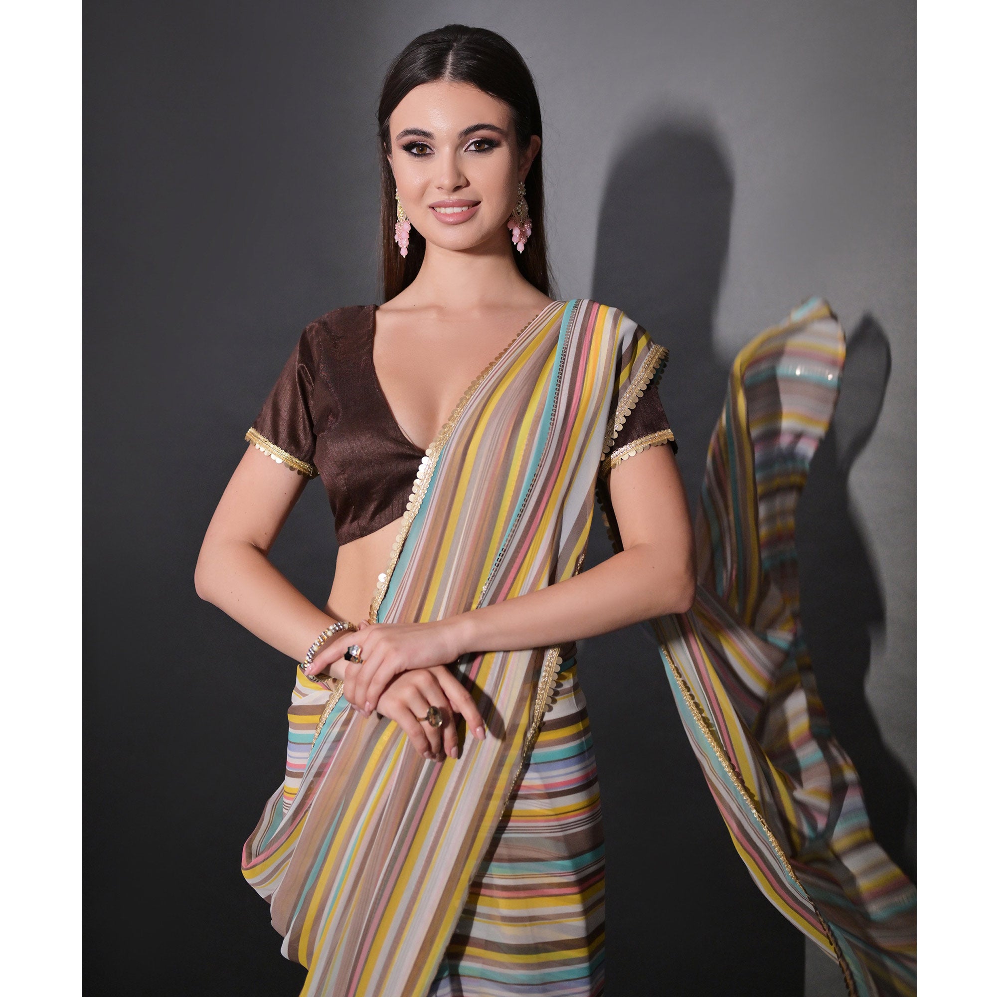 Brown Striped Printed With Sequins Embroidered Georgette Saree