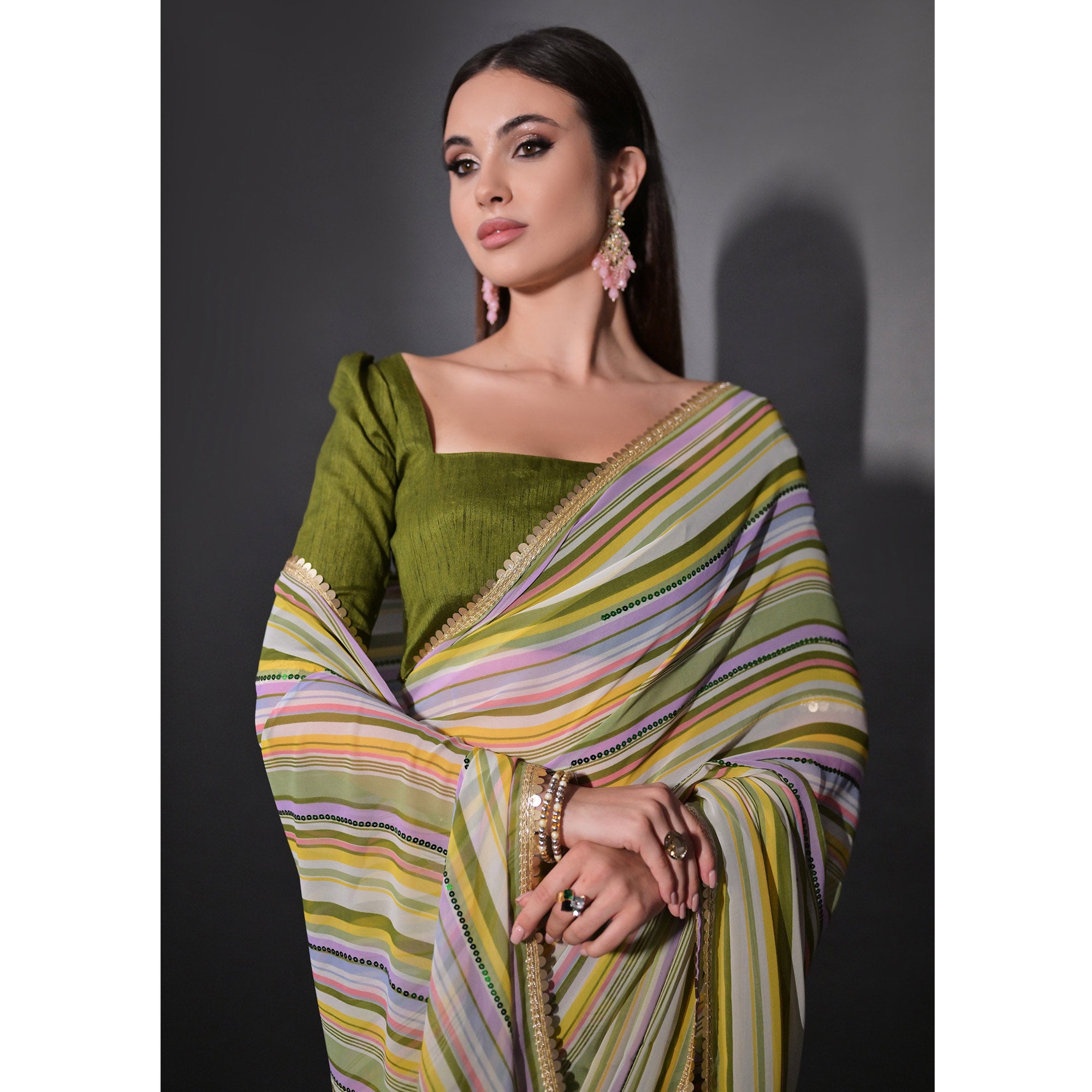 Green Striped Printed With Sequins Embroidered Georgette Saree