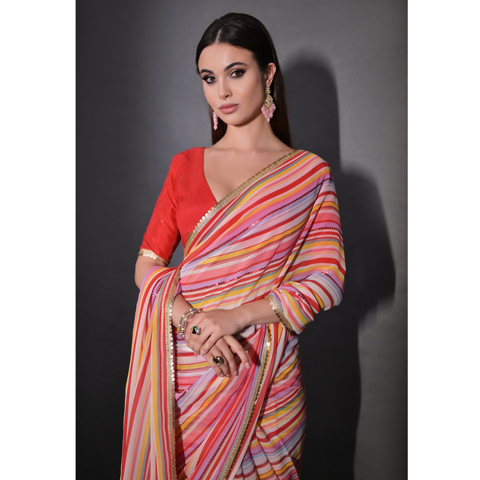 Red Striped Printed With Sequins Embroidered Georgette Saree
