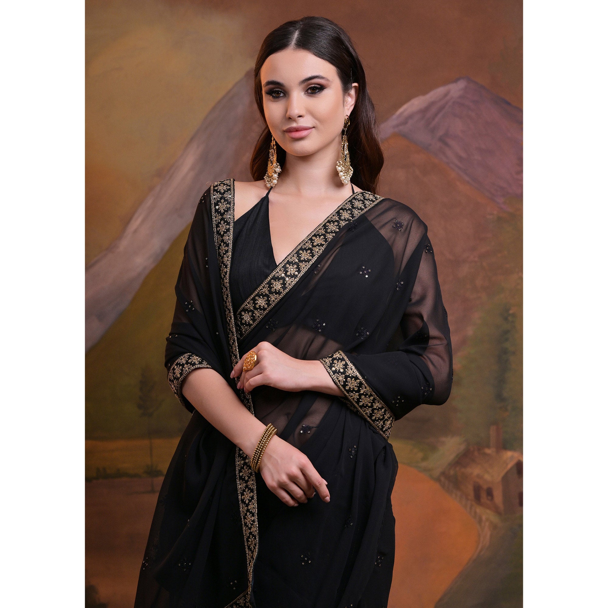 Black Butti Sequins Embroidered Georgette Saree
