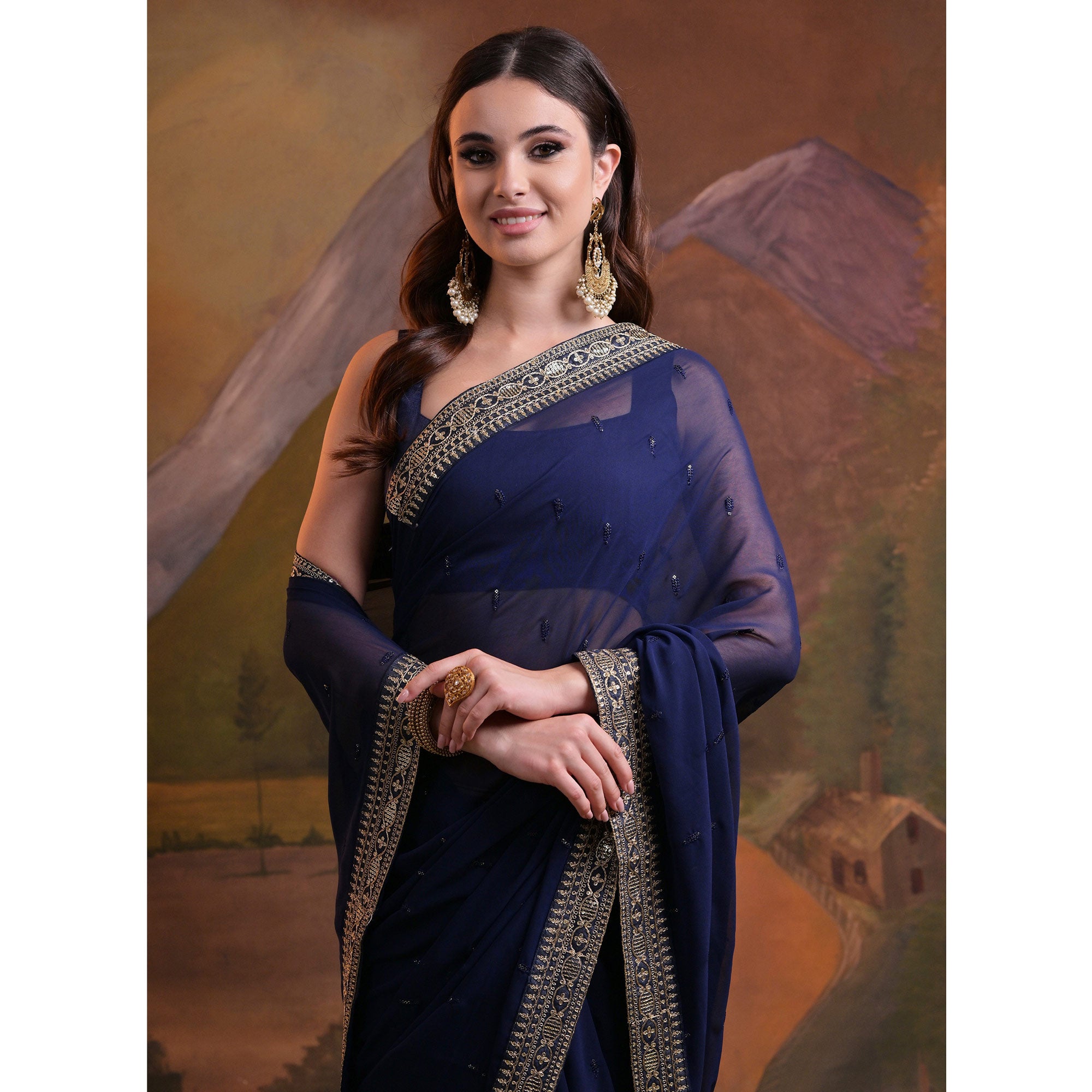 Blue Butti Sequins Embroidered Georgette Saree