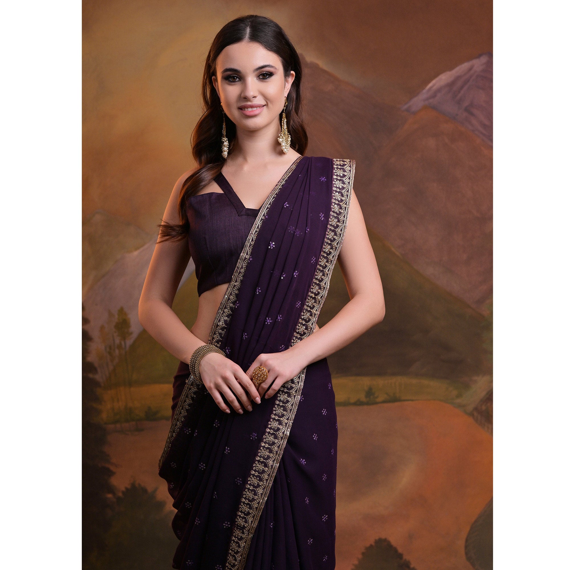 Purple Butti Sequins Embroidered Georgette Saree