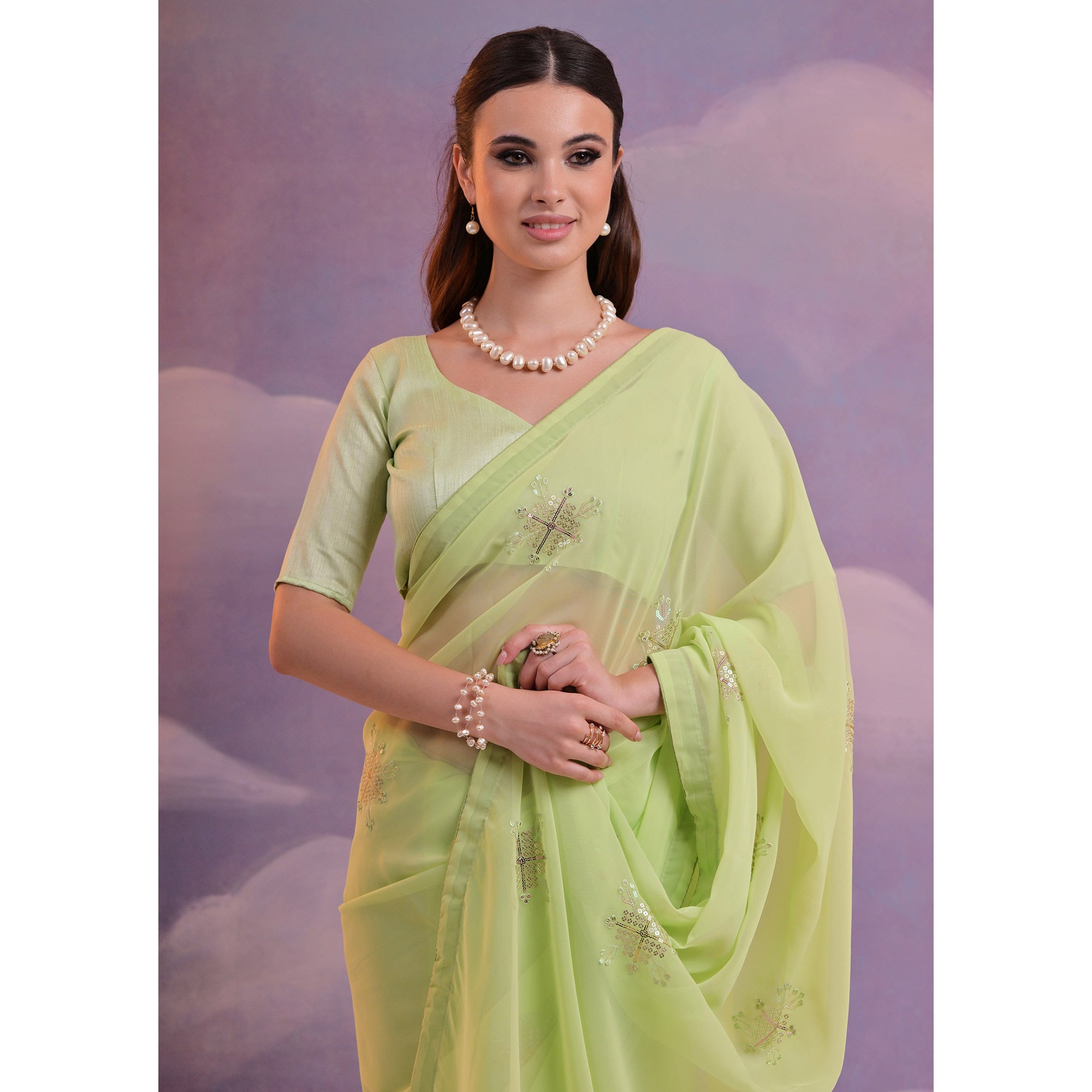 Green Sequins Embroidered Georgette Saree
