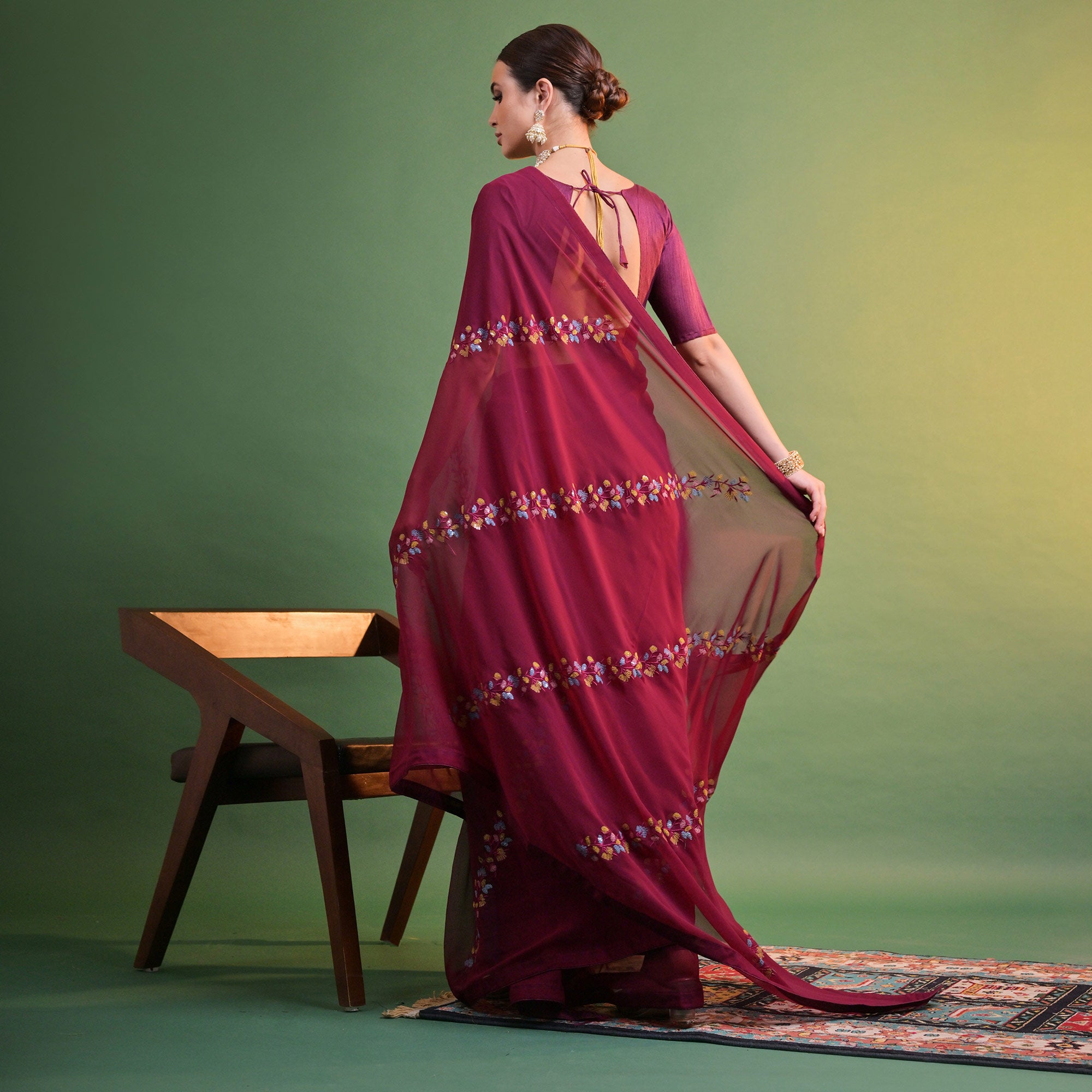 Maroon Floral Sequins Embroidered Georgette Saree