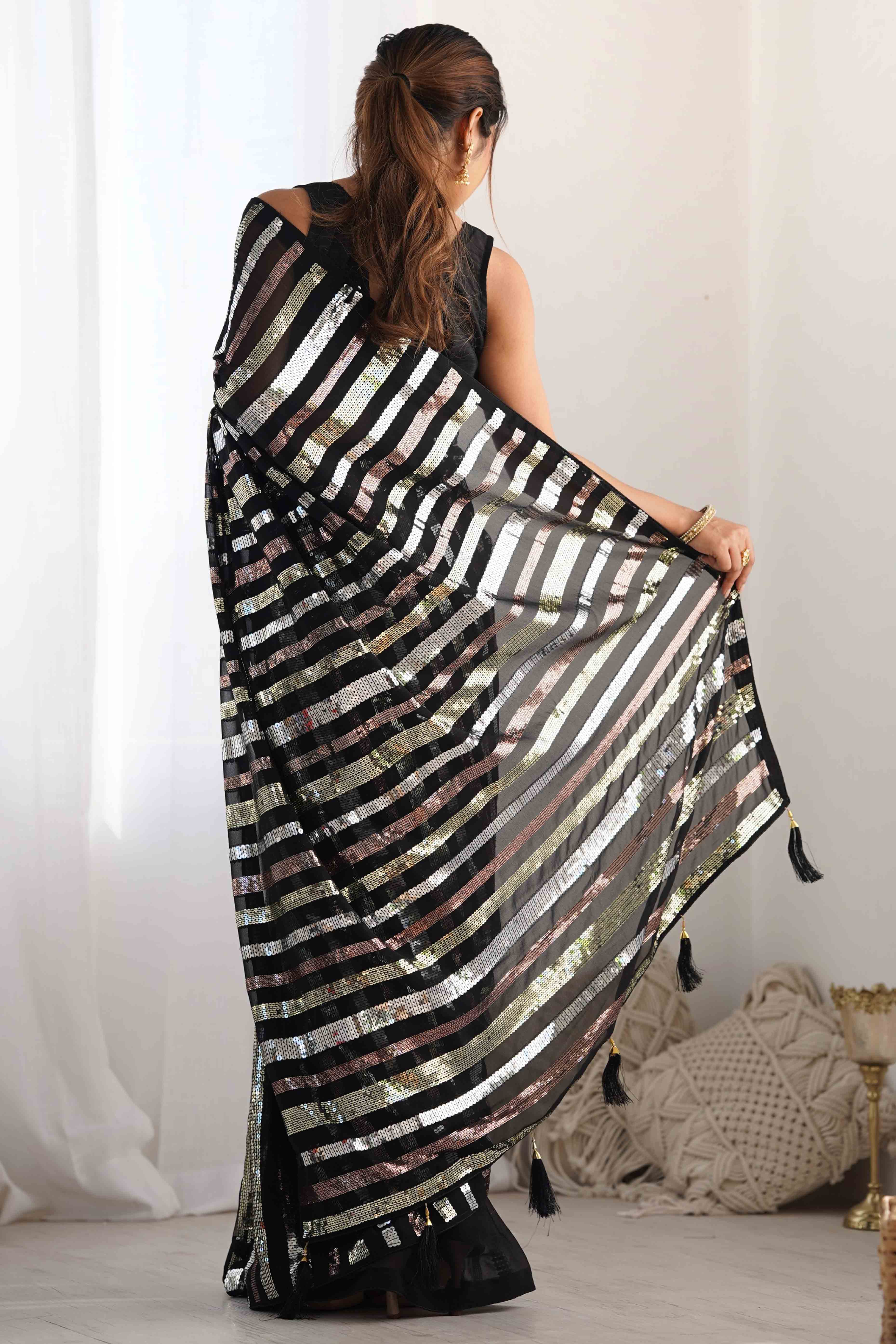 Black Sequins Embroidered Georgette Saree