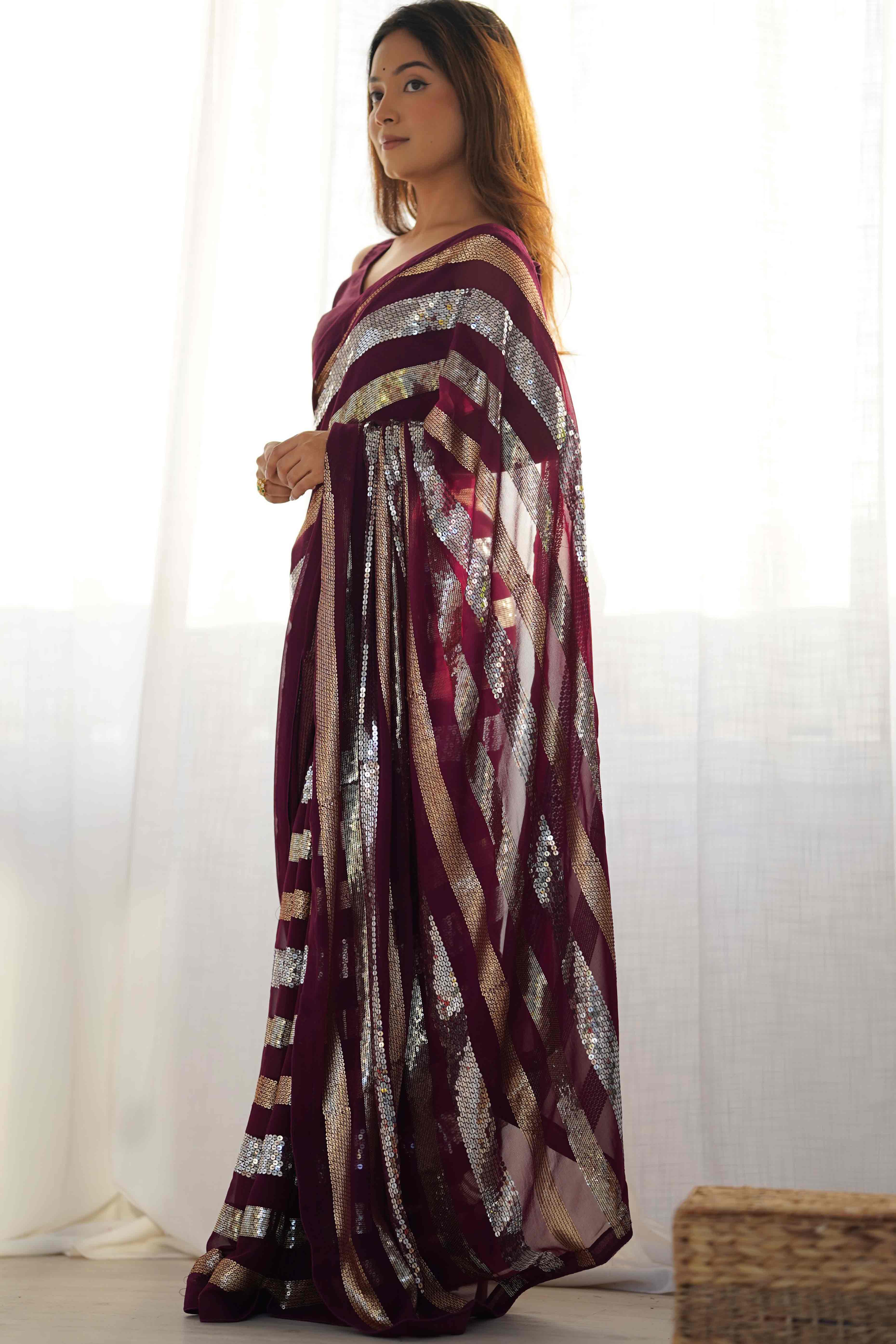 Wine Sequins Embrodered Georgette Saree