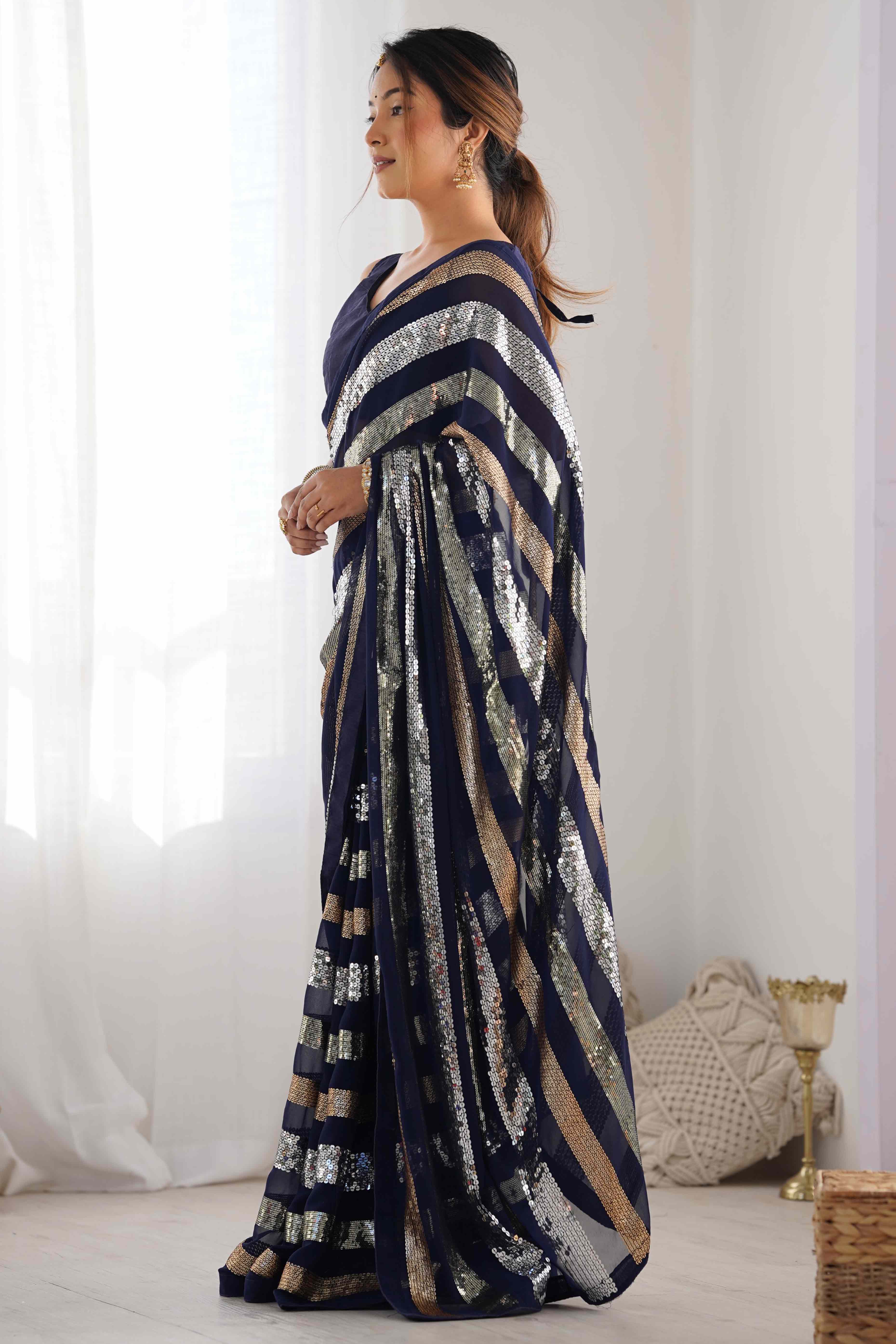 Blue Sequins Embroidered Georgette Saree