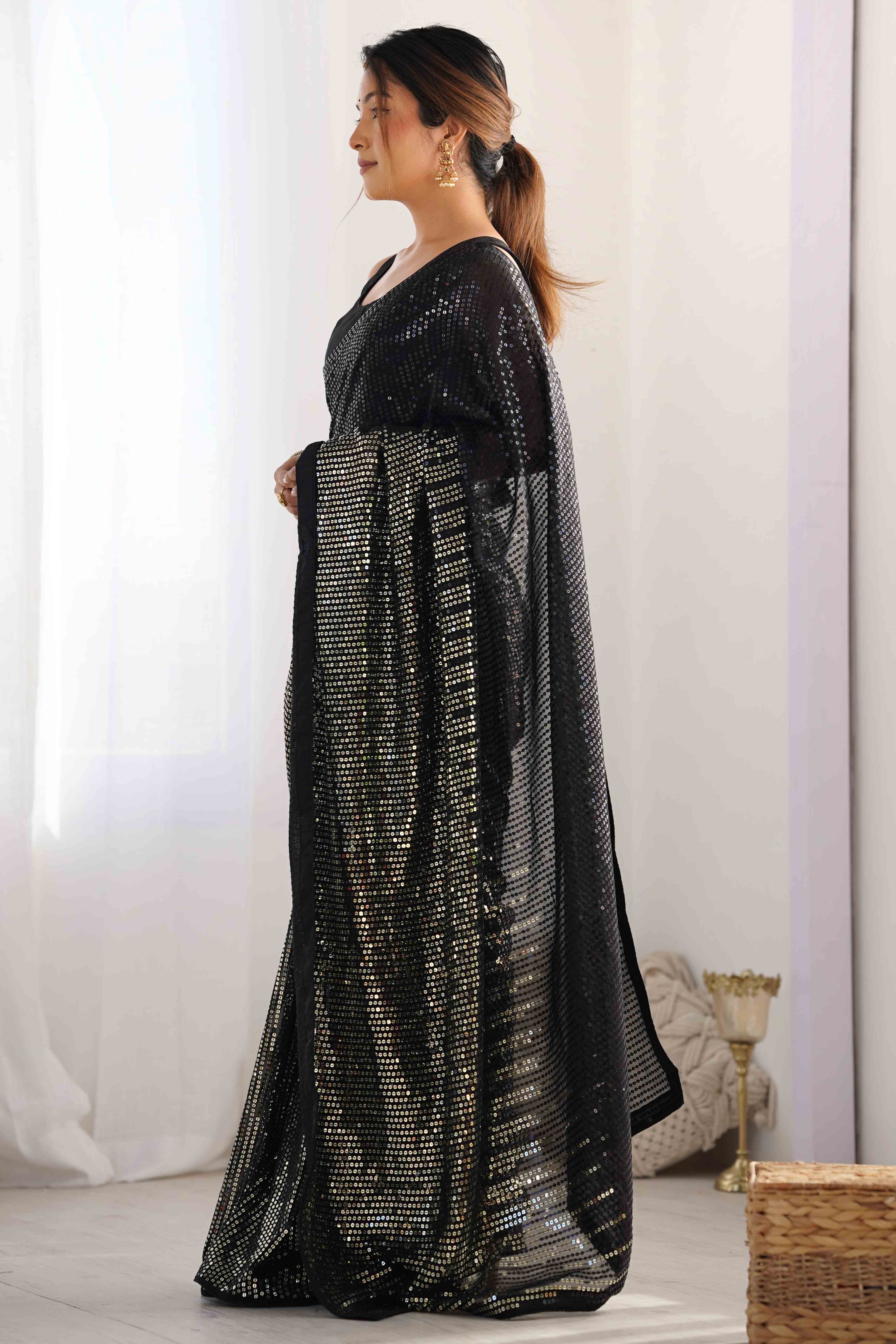 Black Sequins Embroidered Georgette Saree