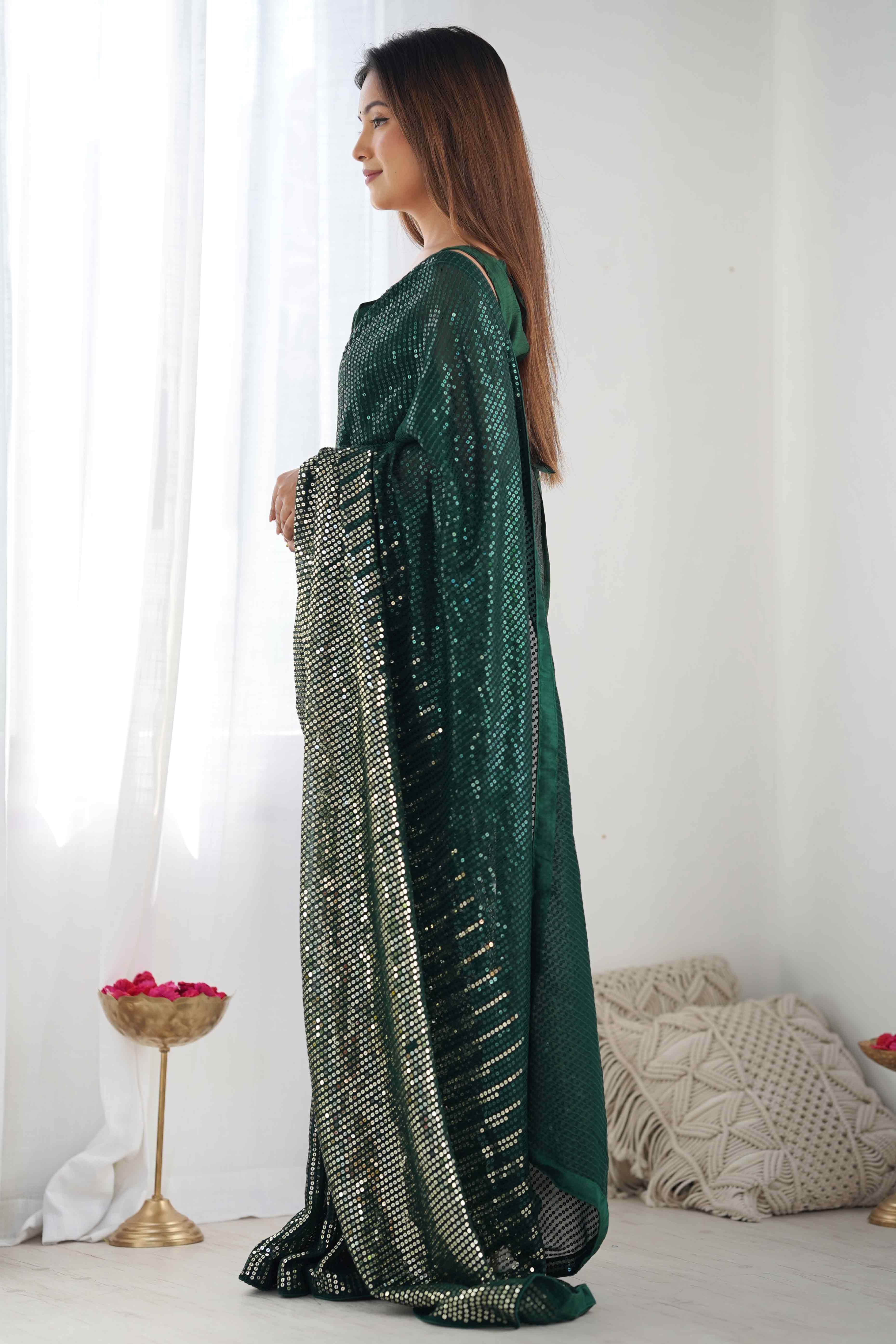 Green Sequins Embroidered Georgette Saree