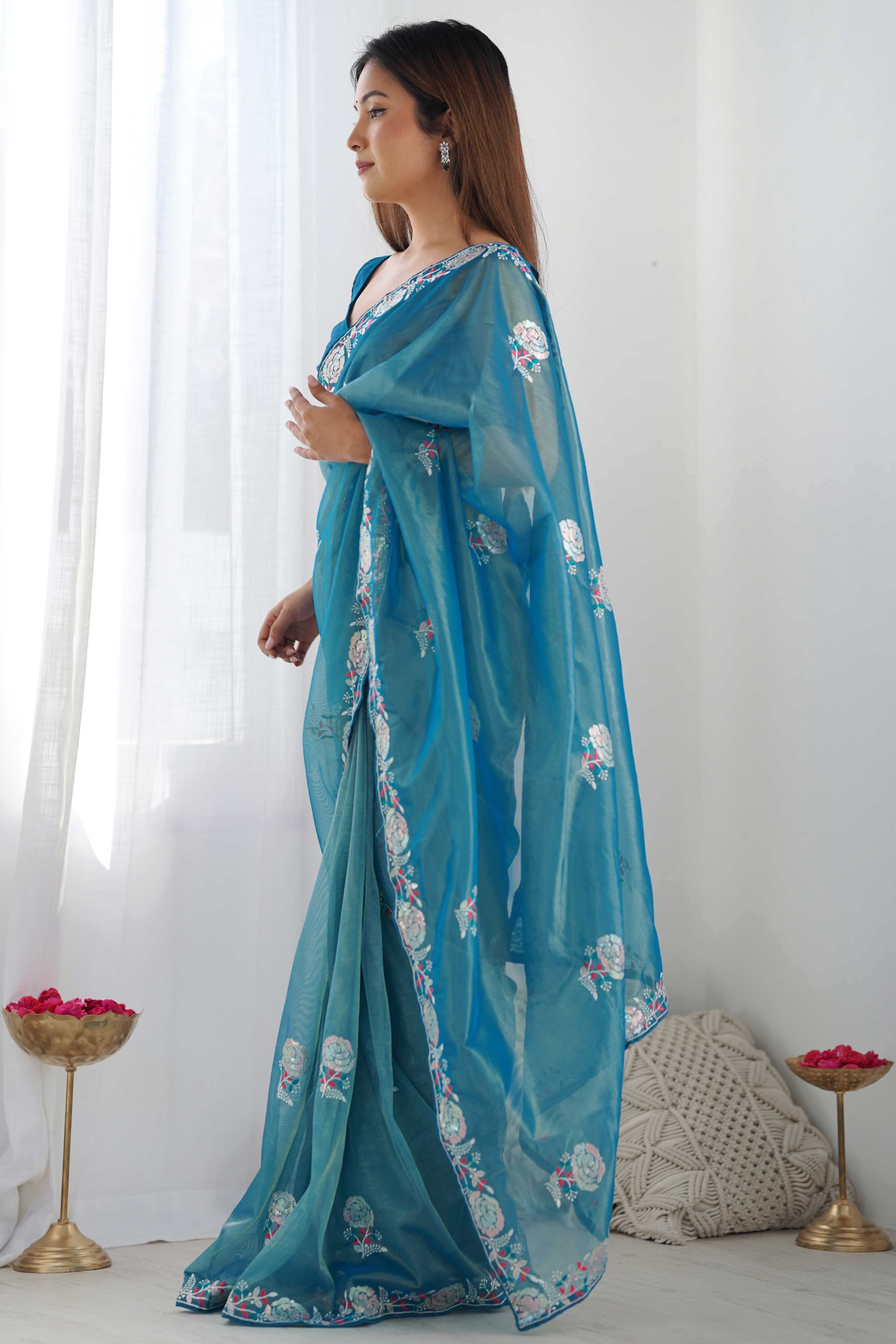 Dusty Teal Floral Embroidered Net Saree