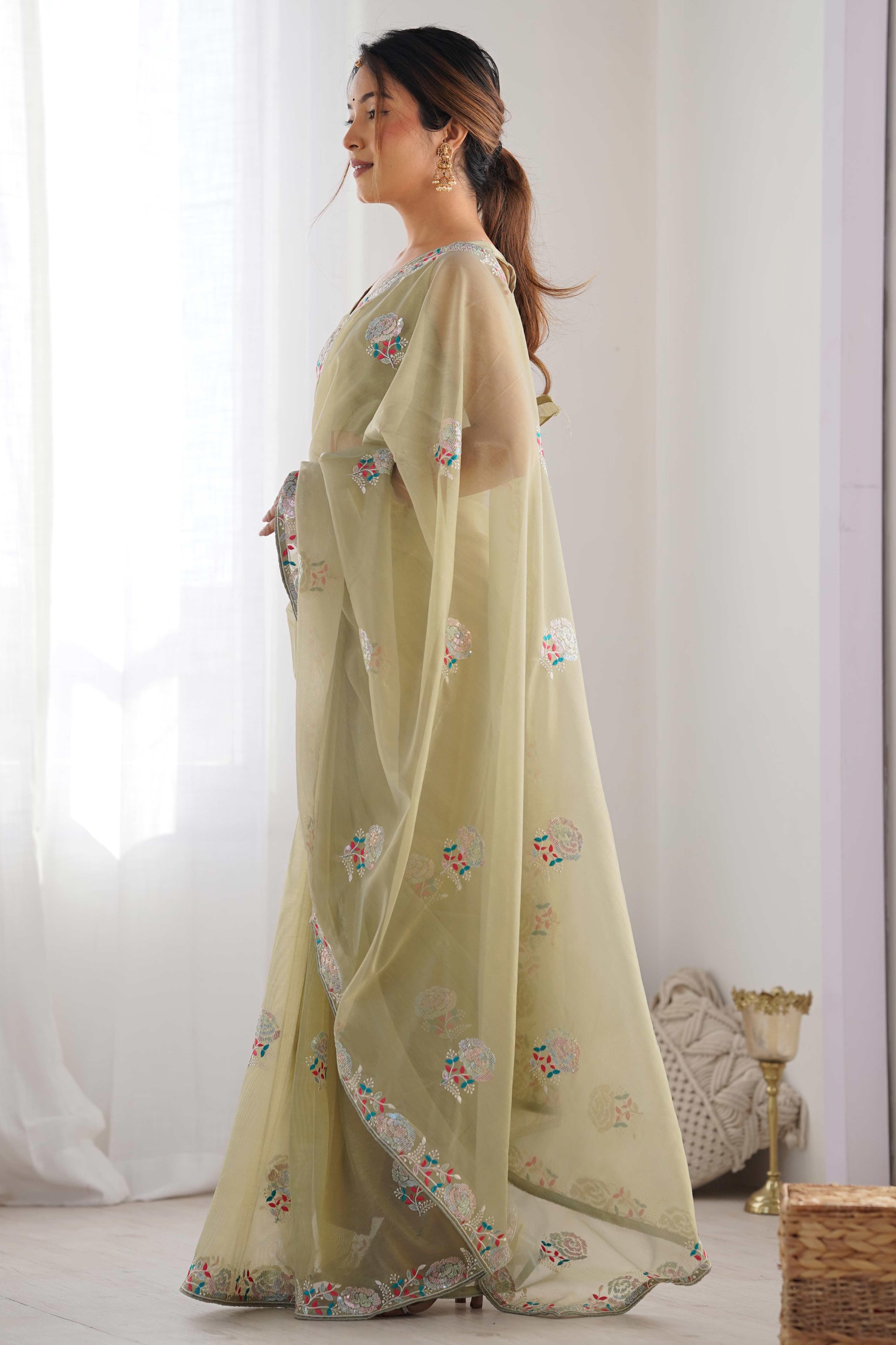 Green Floral Embroidered Net Saree