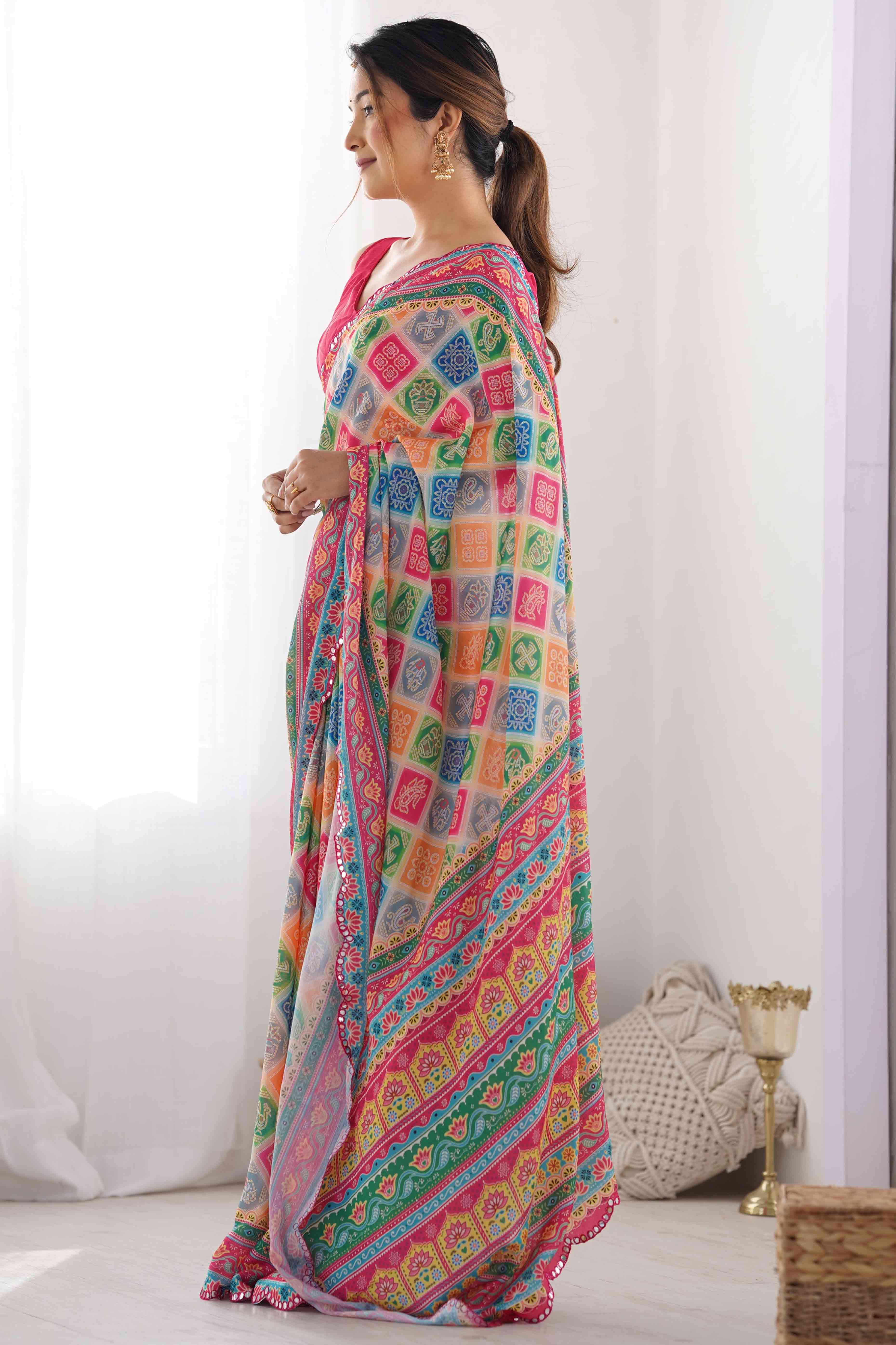 Multicolor Bandhani Printed Chinon Saree