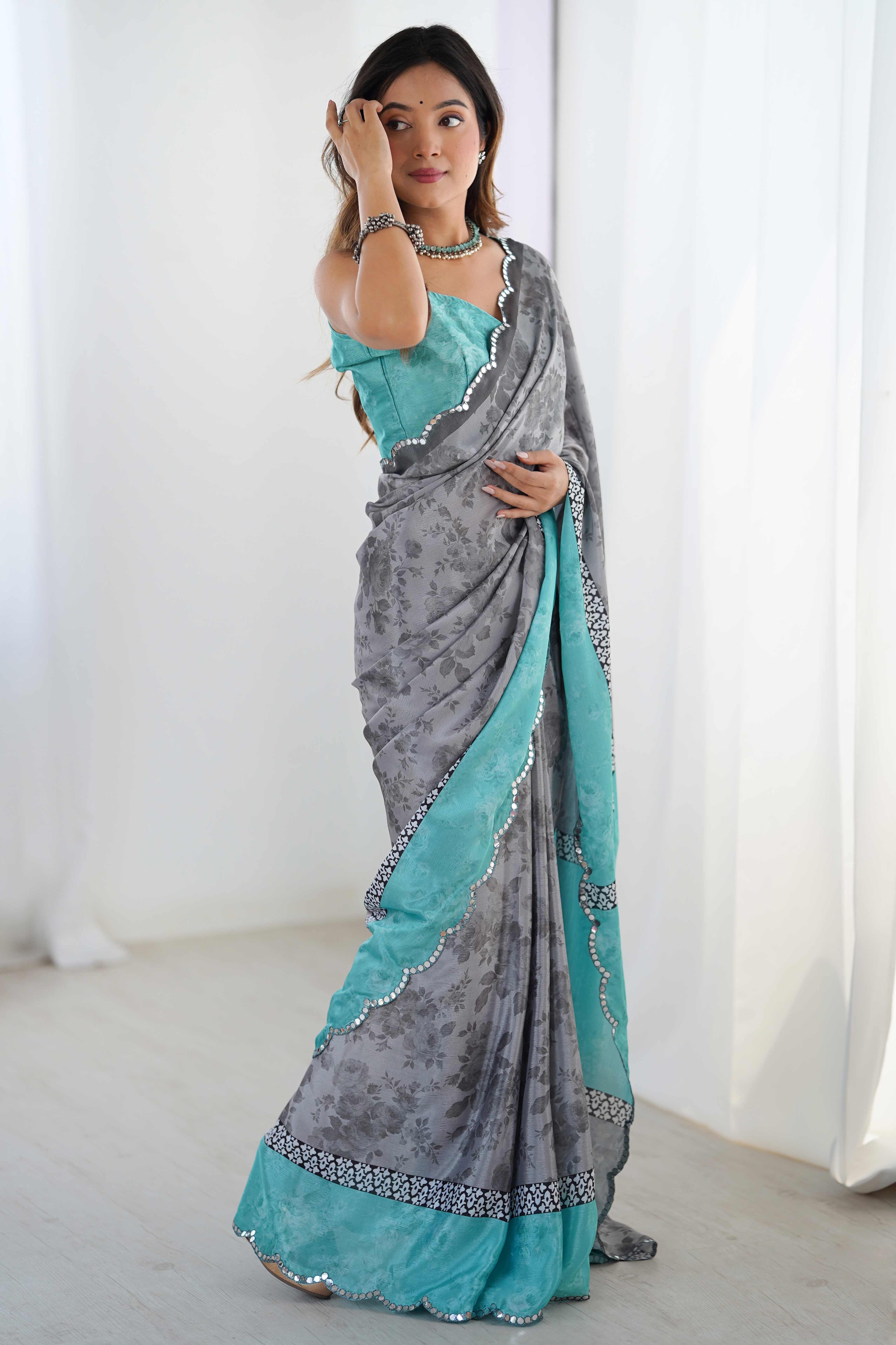 Grey Floral Printed Chinon Saree With Shimmering Mirror Detailing