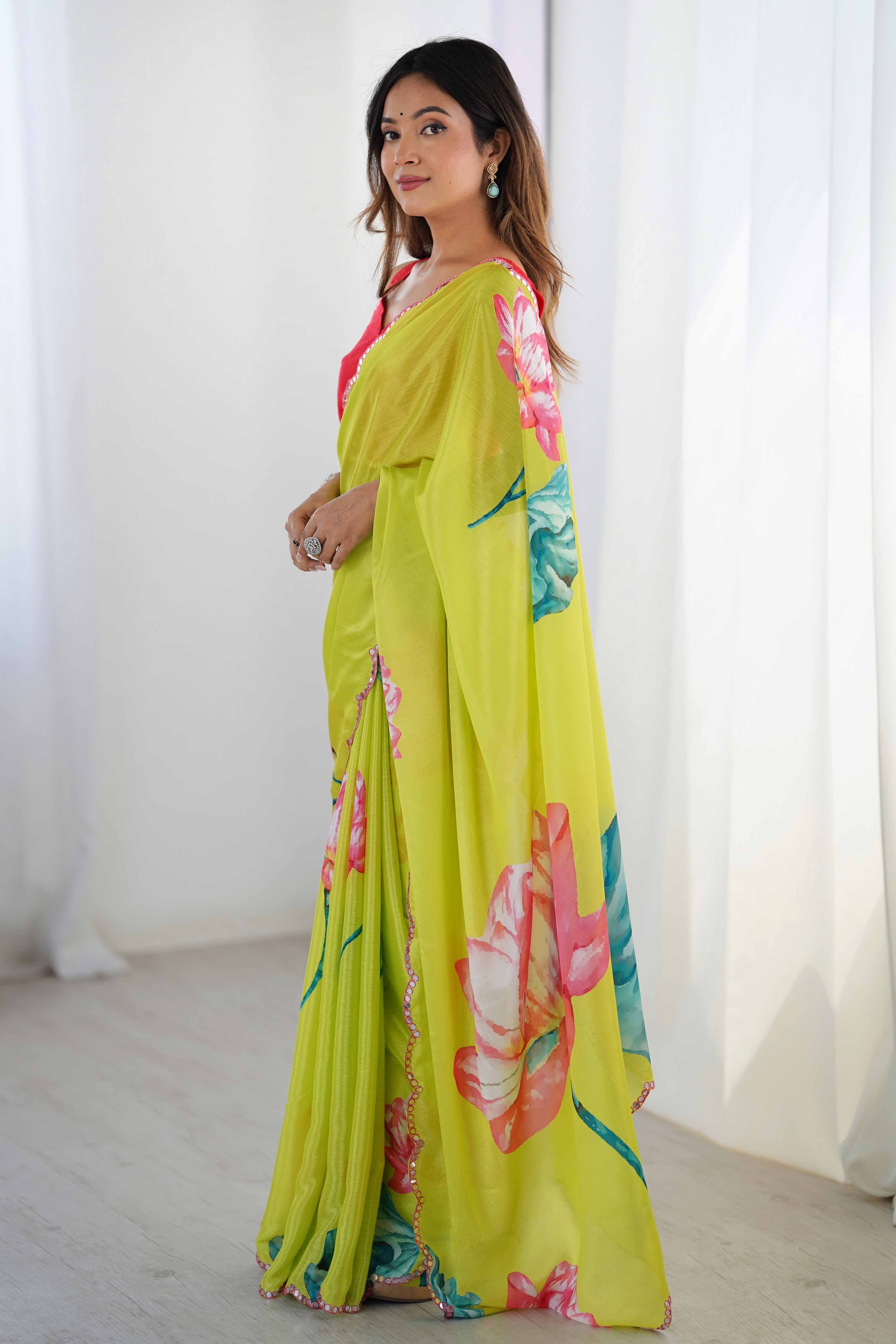 Green Floral Printed Chinon Saree With Shimmering Mirror Detailing