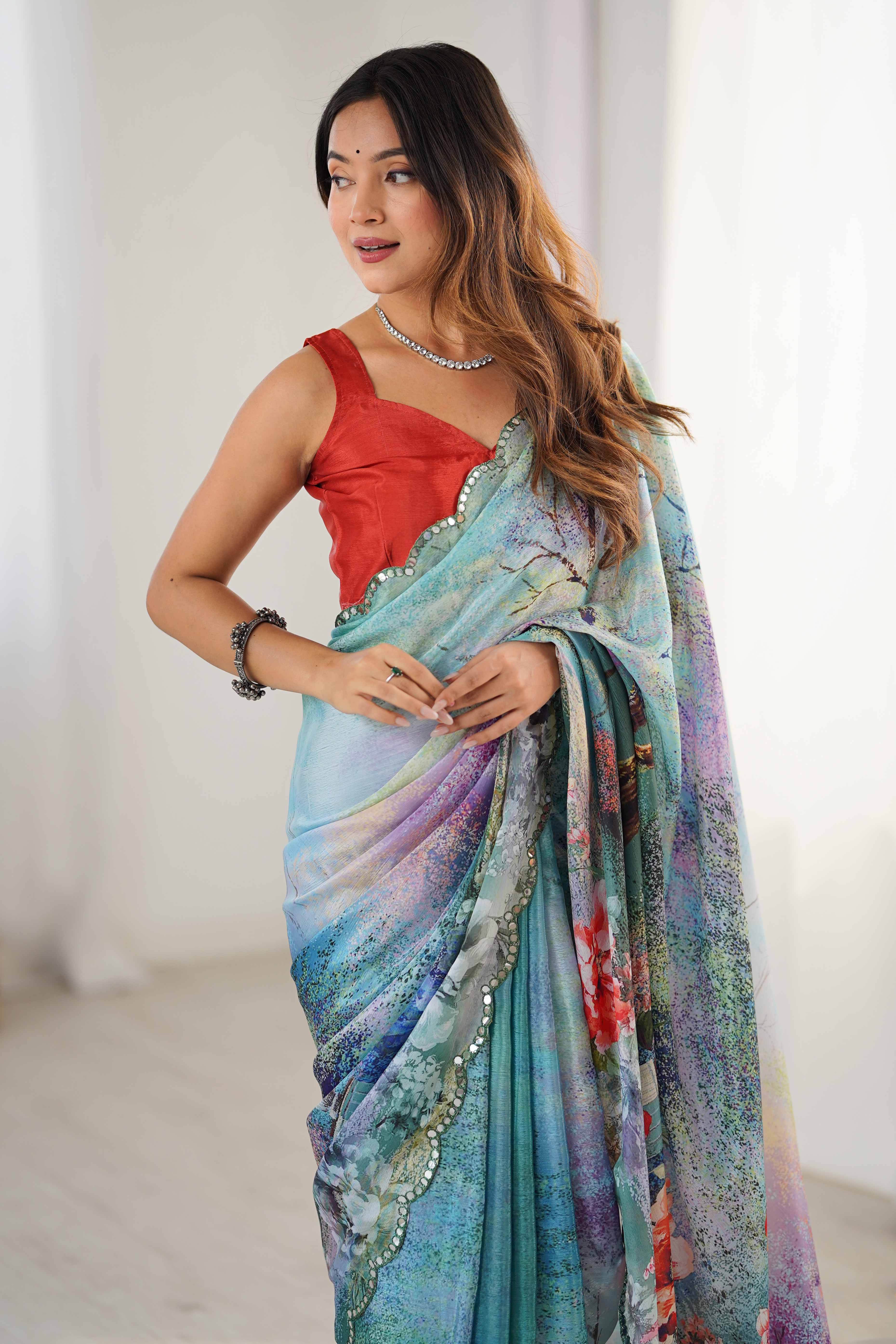 Aqua Teal Floral Printed Chinon Saree With Shimmering Mirror Detailing