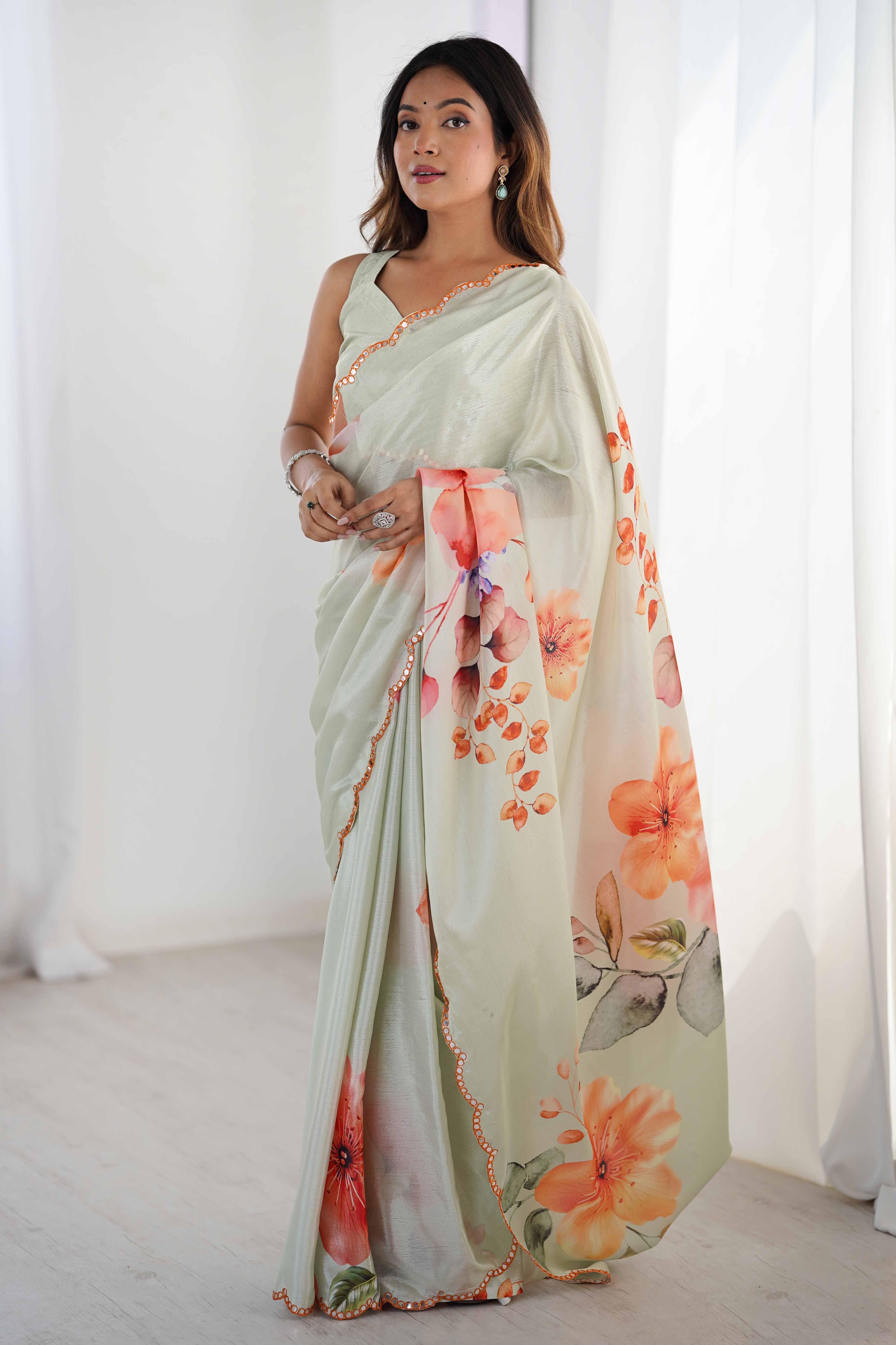 Light Pista Green Chinon Saree with Glimmering Mirror Work and Floral Prints