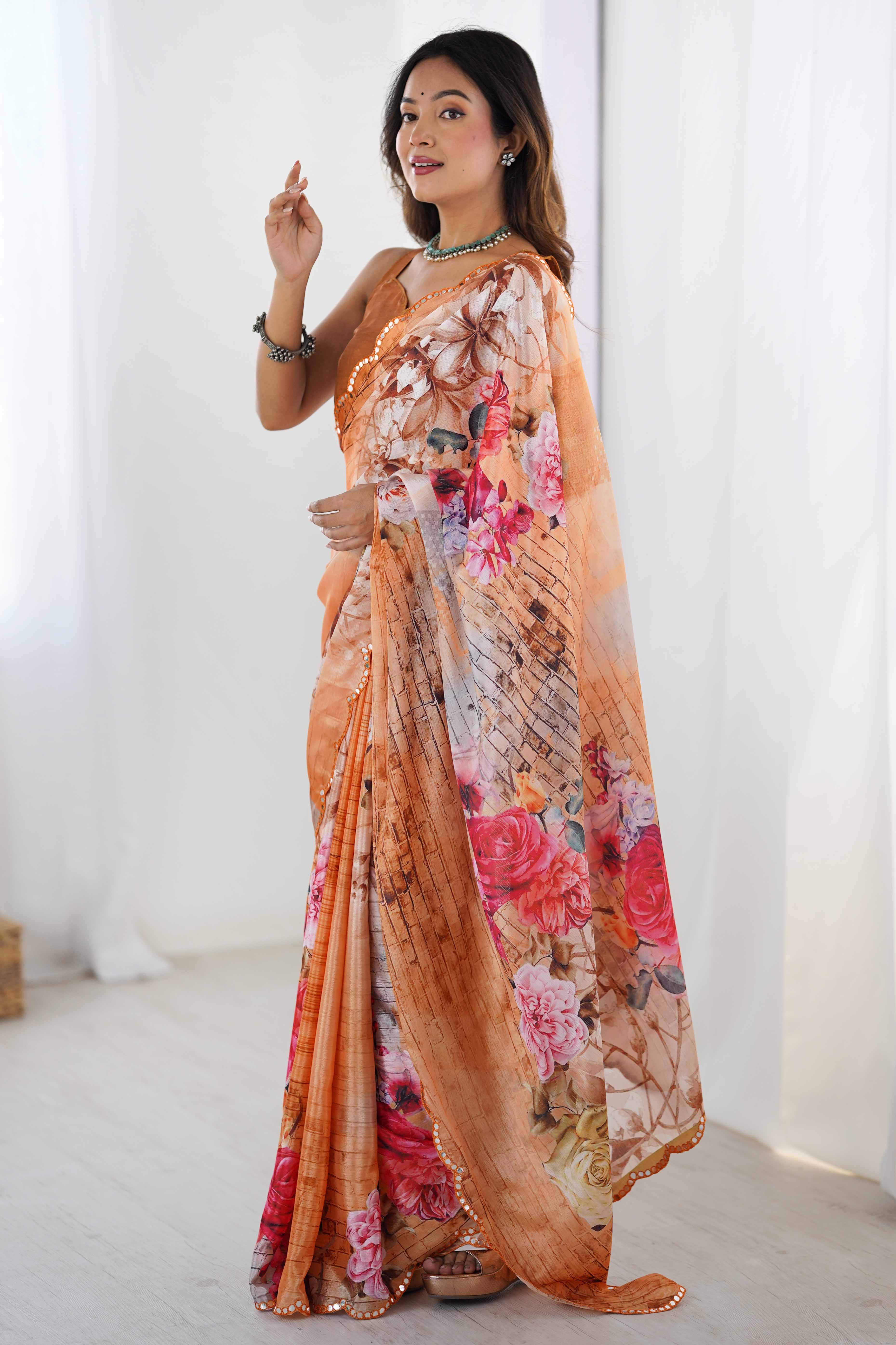 Orange Chinon Saree with Glimmering Mirror Work and Floral Prints