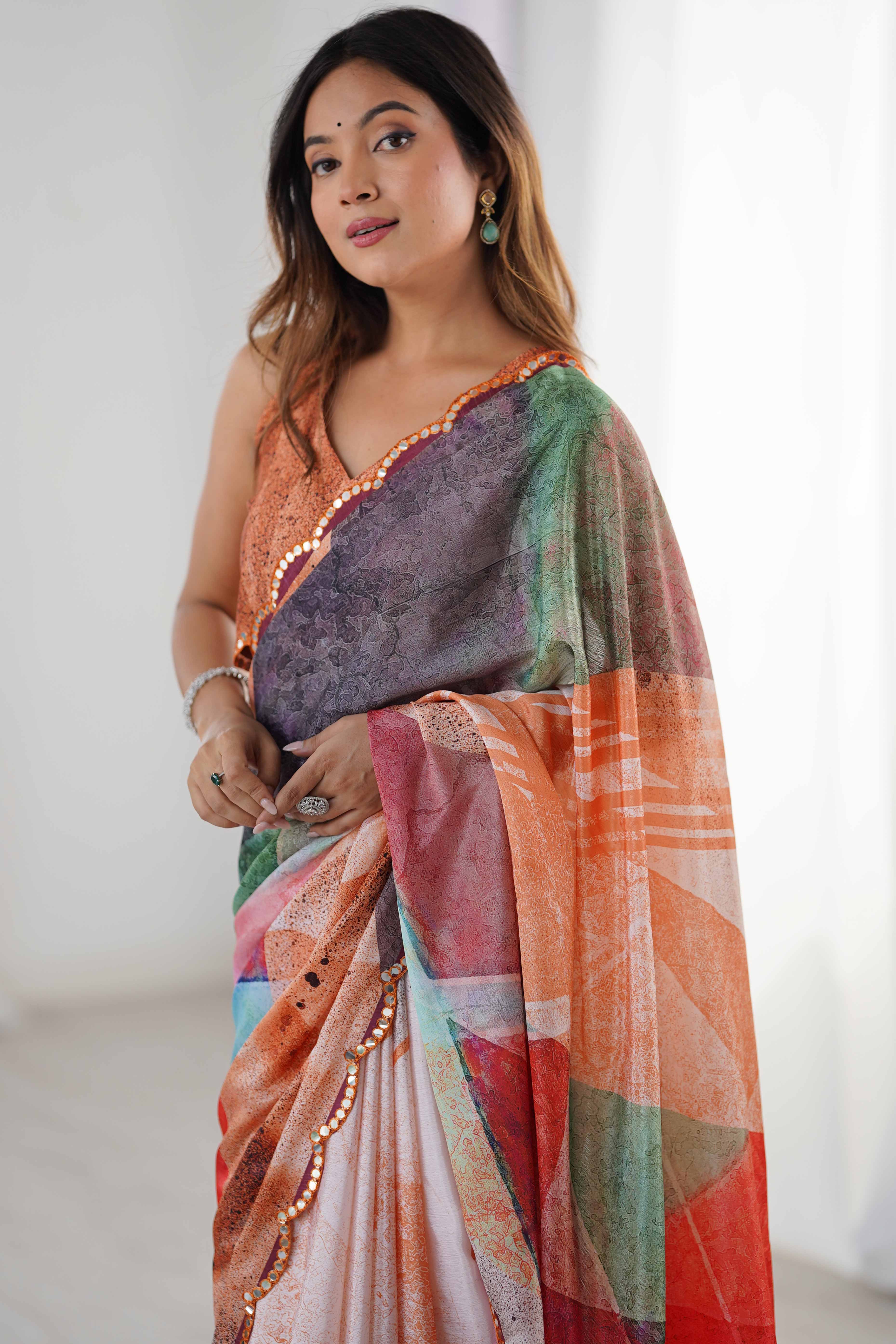 Multicolor Chinon Saree with Glimmering Kutchi Mirror Work and Print