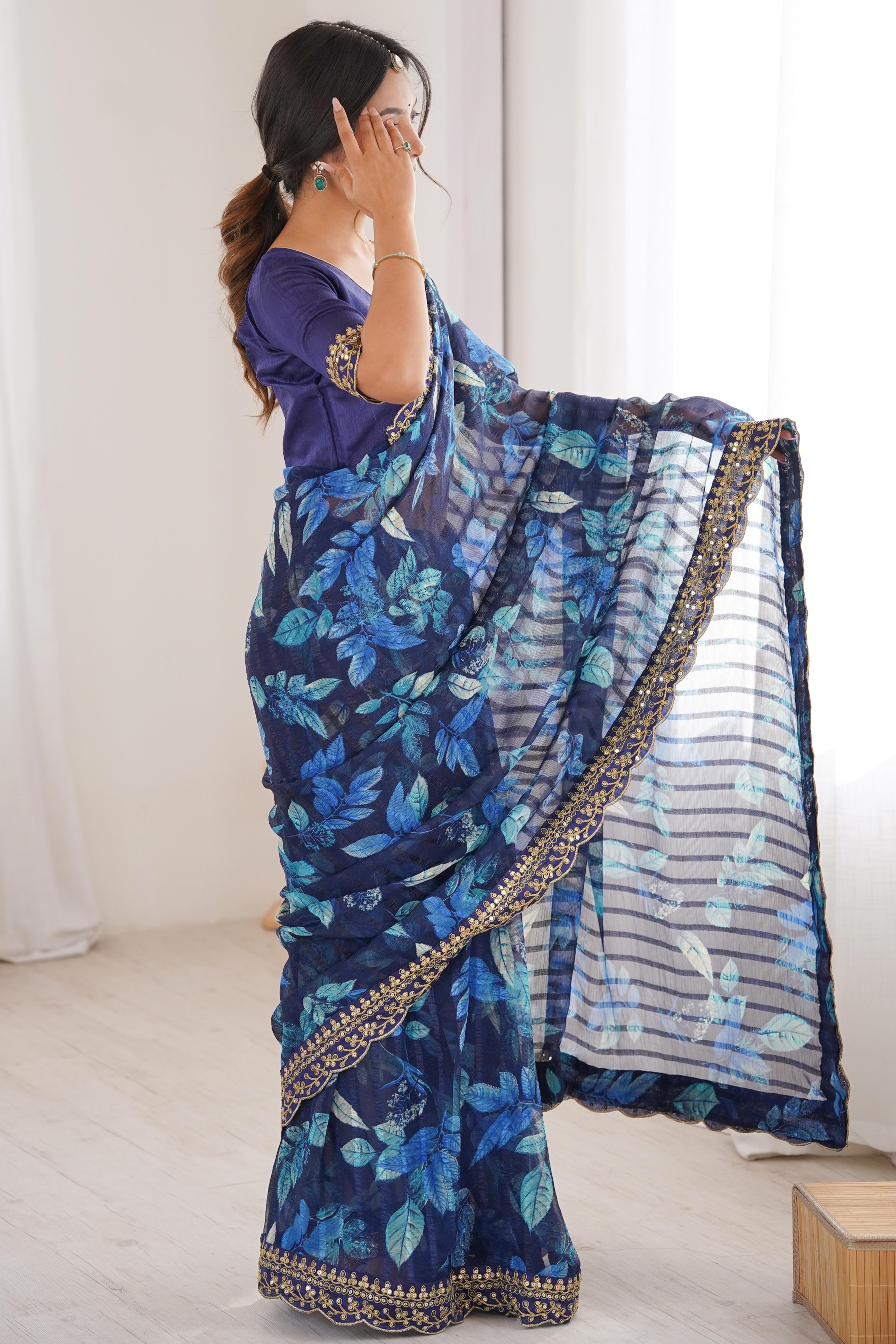 Elegant Blue Leaf & Floral Print Georgette Saree With Intricate Cording Sequins Embroidery Border