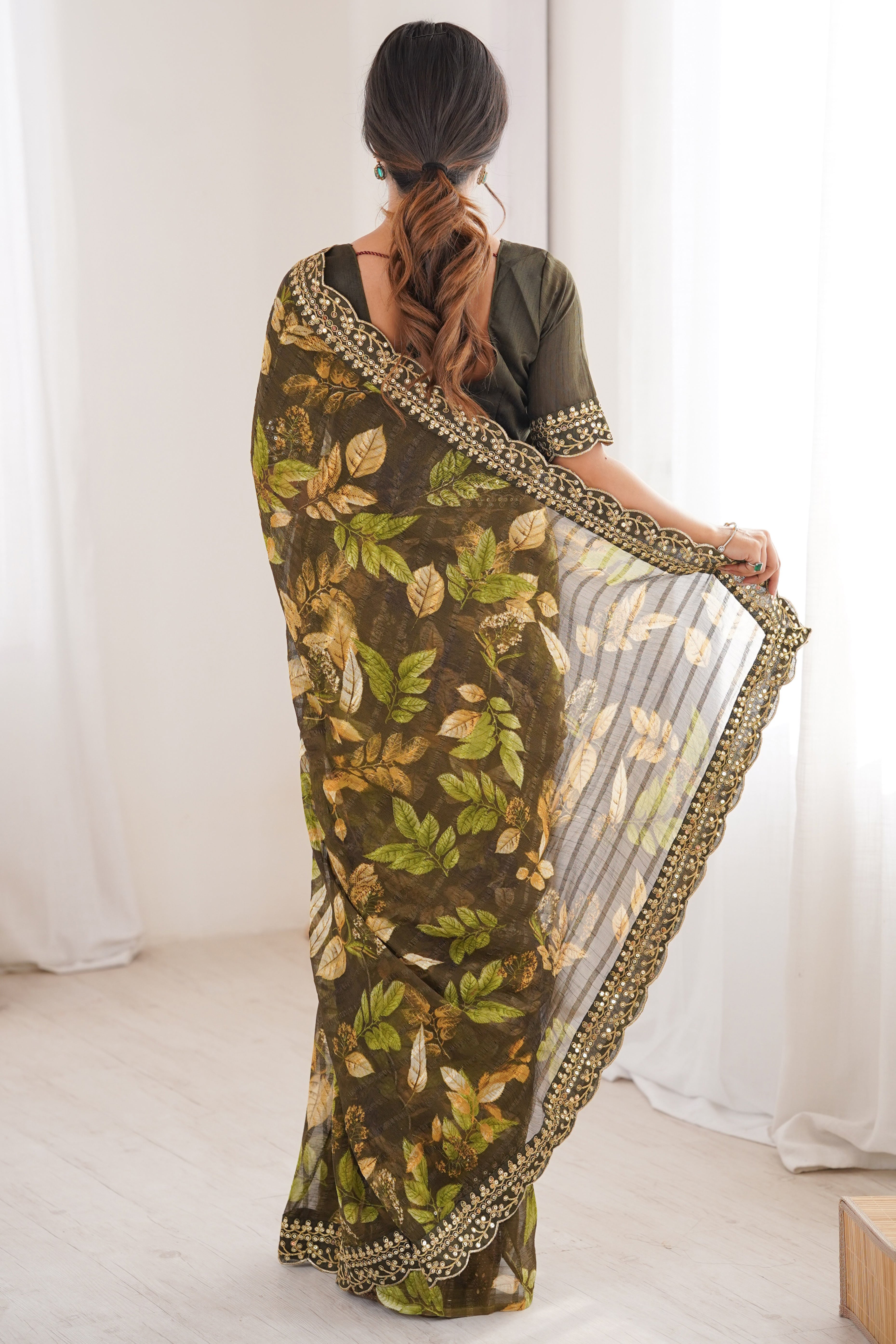 Elegant Green Leaf & Floral Print Georgette Saree With Intricate Cording Sequins Embroidery Border