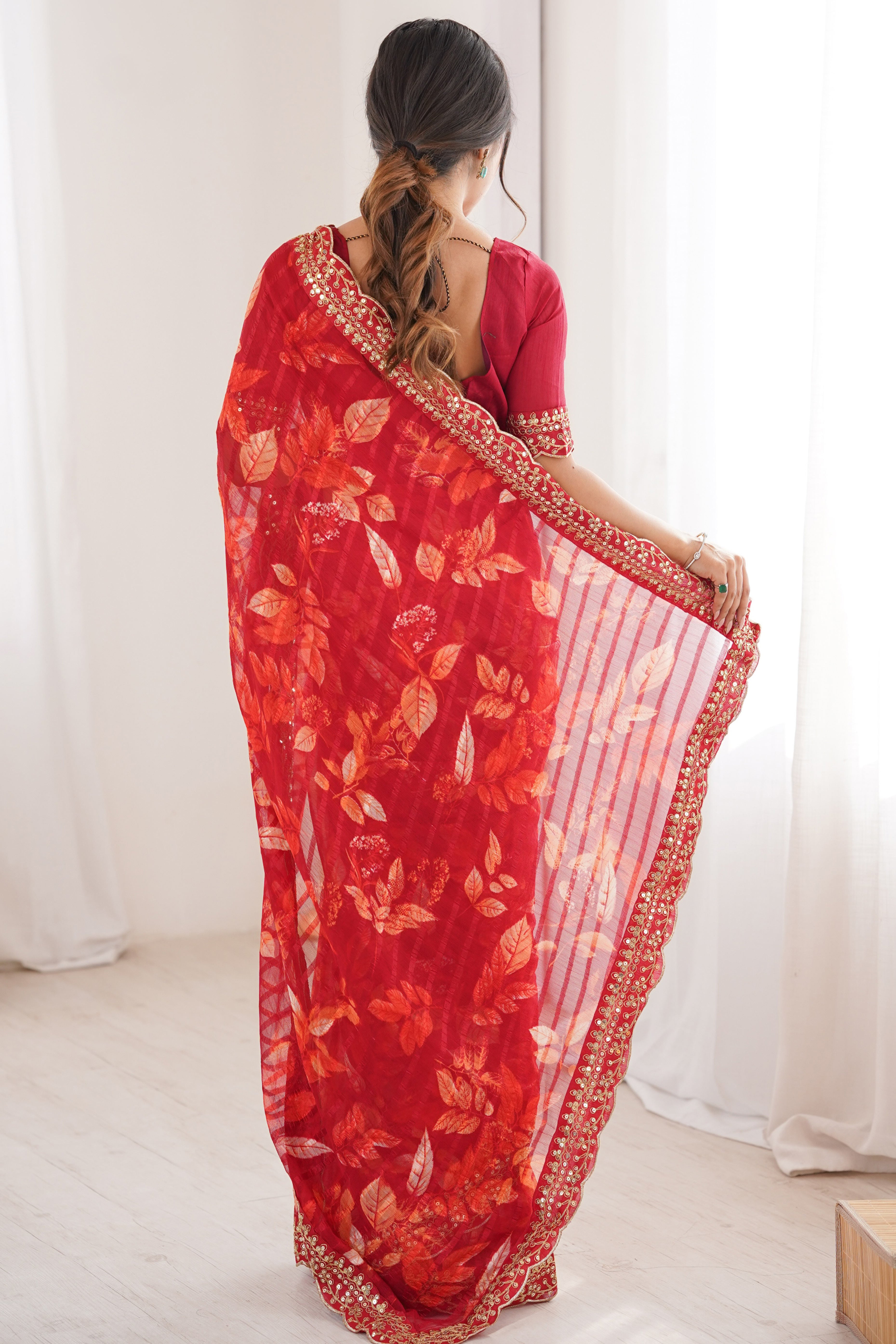 Elegant Red Leaf & Floral Print Georgette Saree With Intricate Cording Sequins Embroidery Border