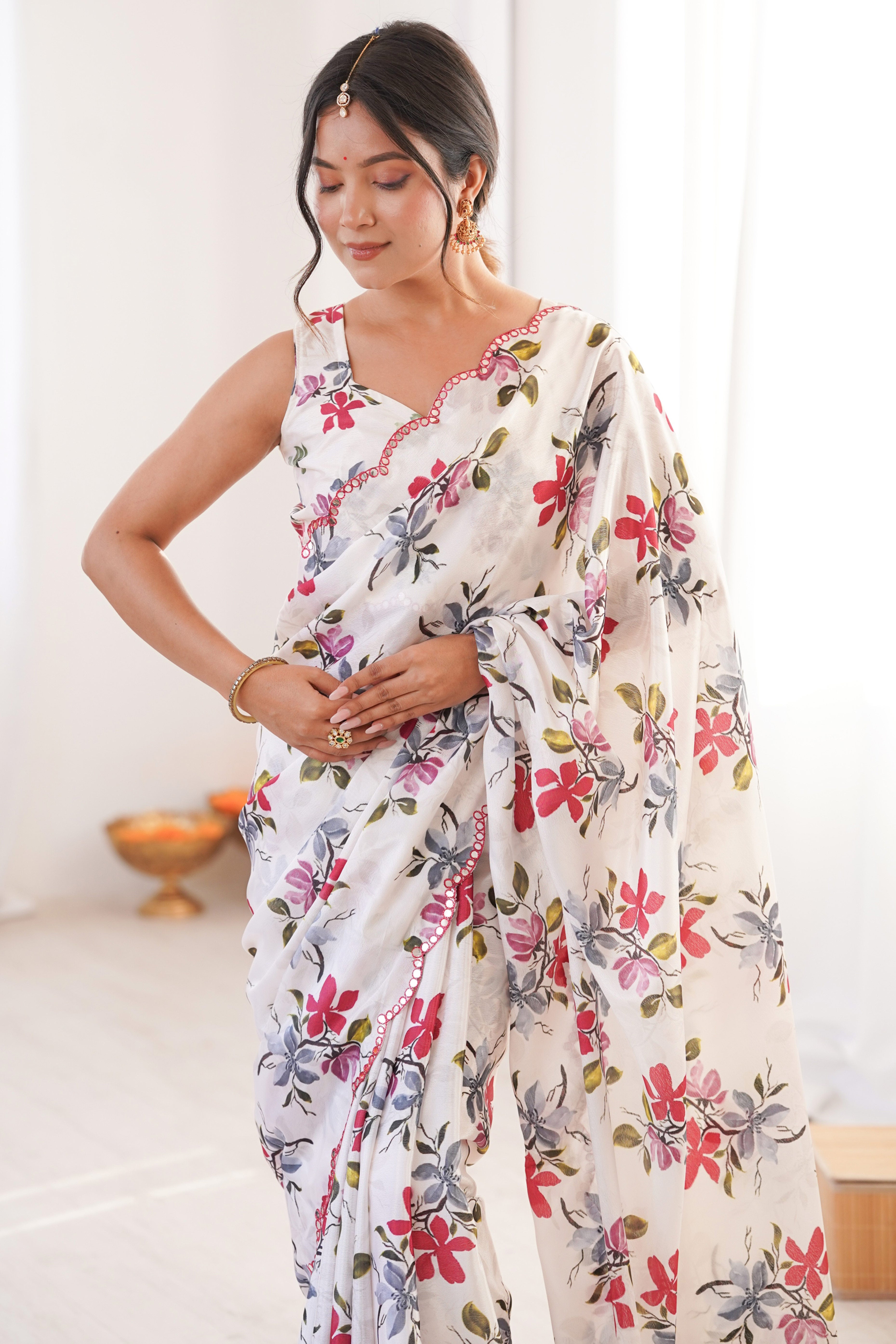 Graceful White Floral Digital Print Chinon Saree With Delicate Embroidered Border Detailing