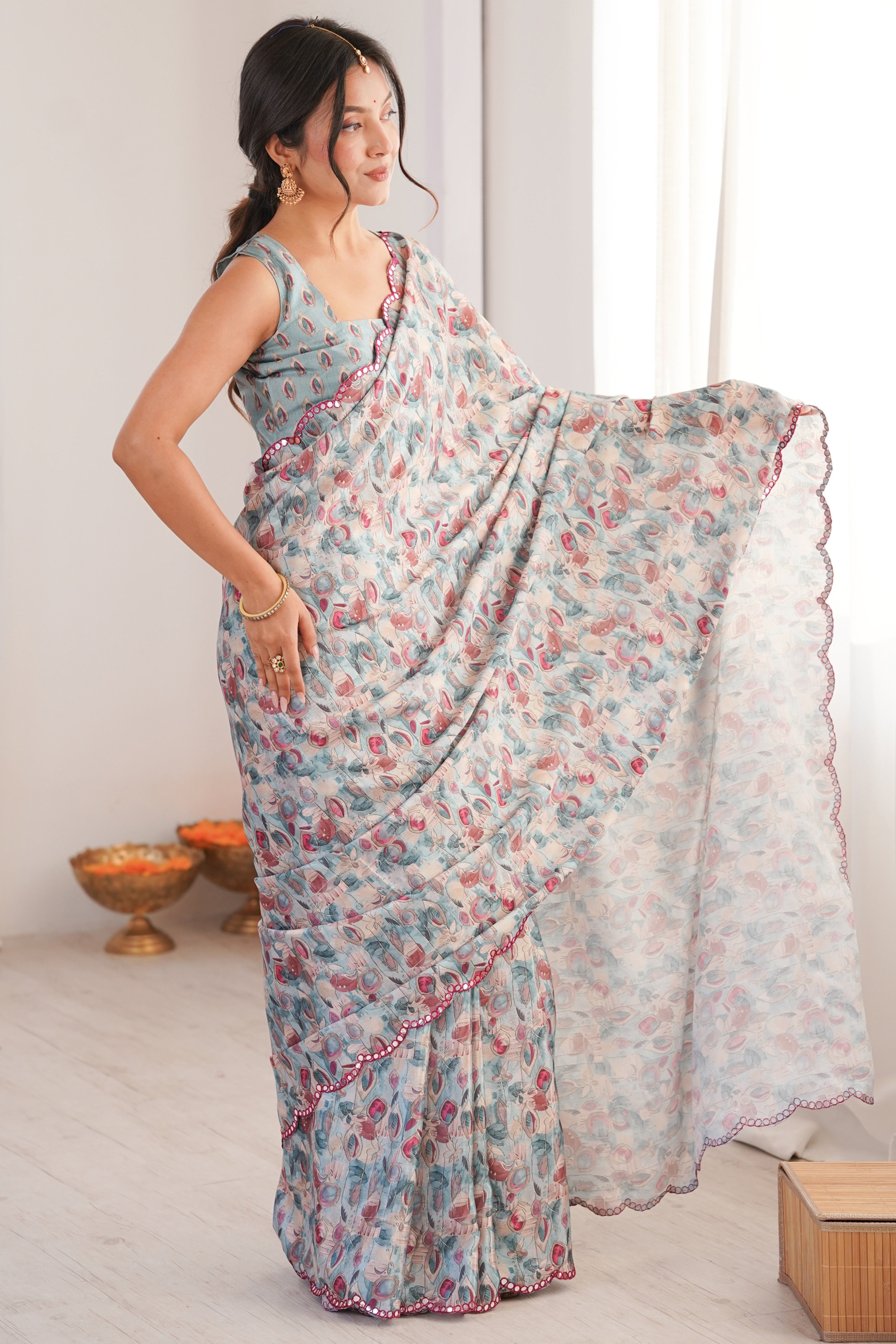 Chic Grey Floral Pattern Digital Printed Chinon Saree With Delicate Embroidered Border Detailing