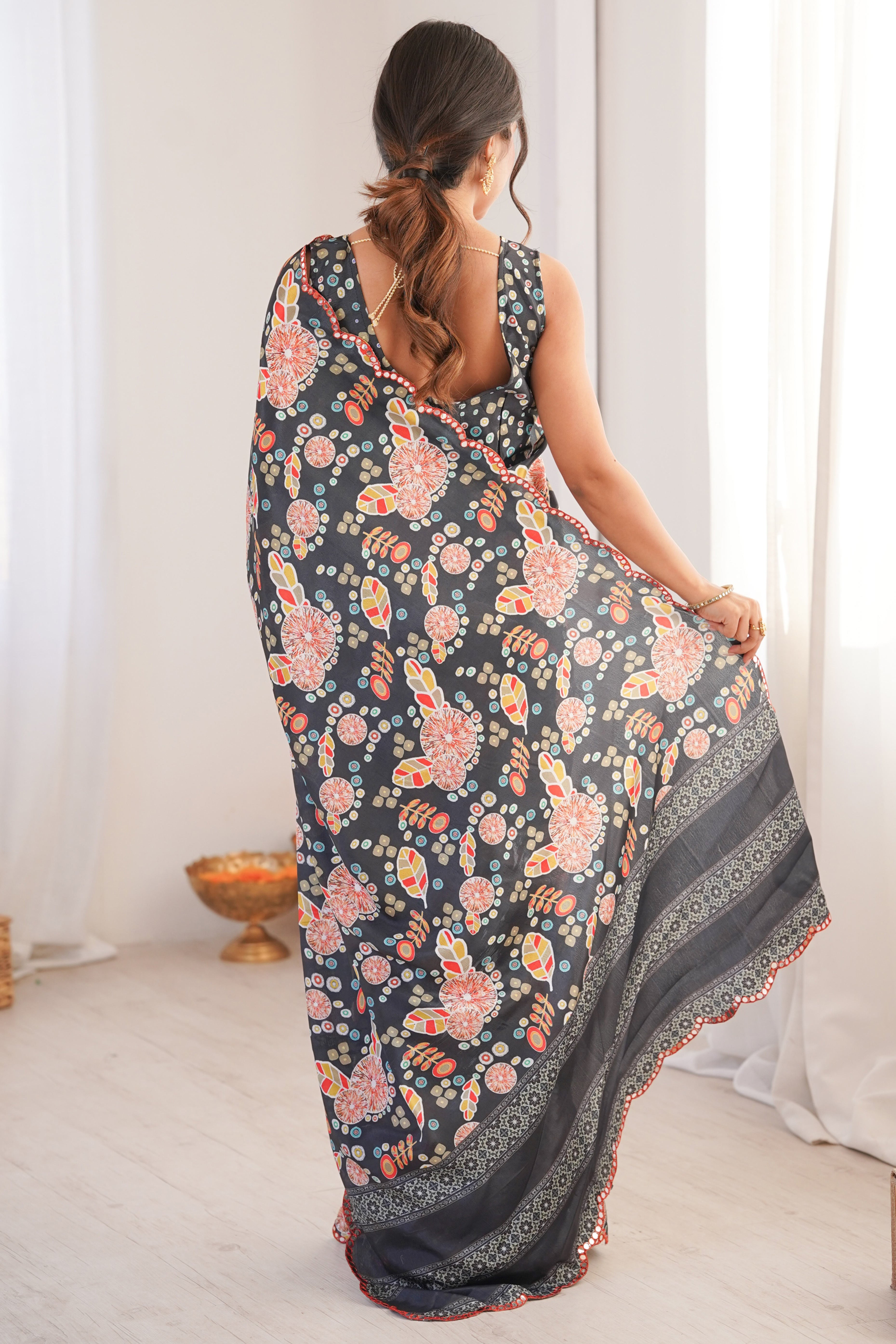 Chic Black Leaf & Floral Motif Digital Printed Chinon Saree With Delicate Embroidered Border