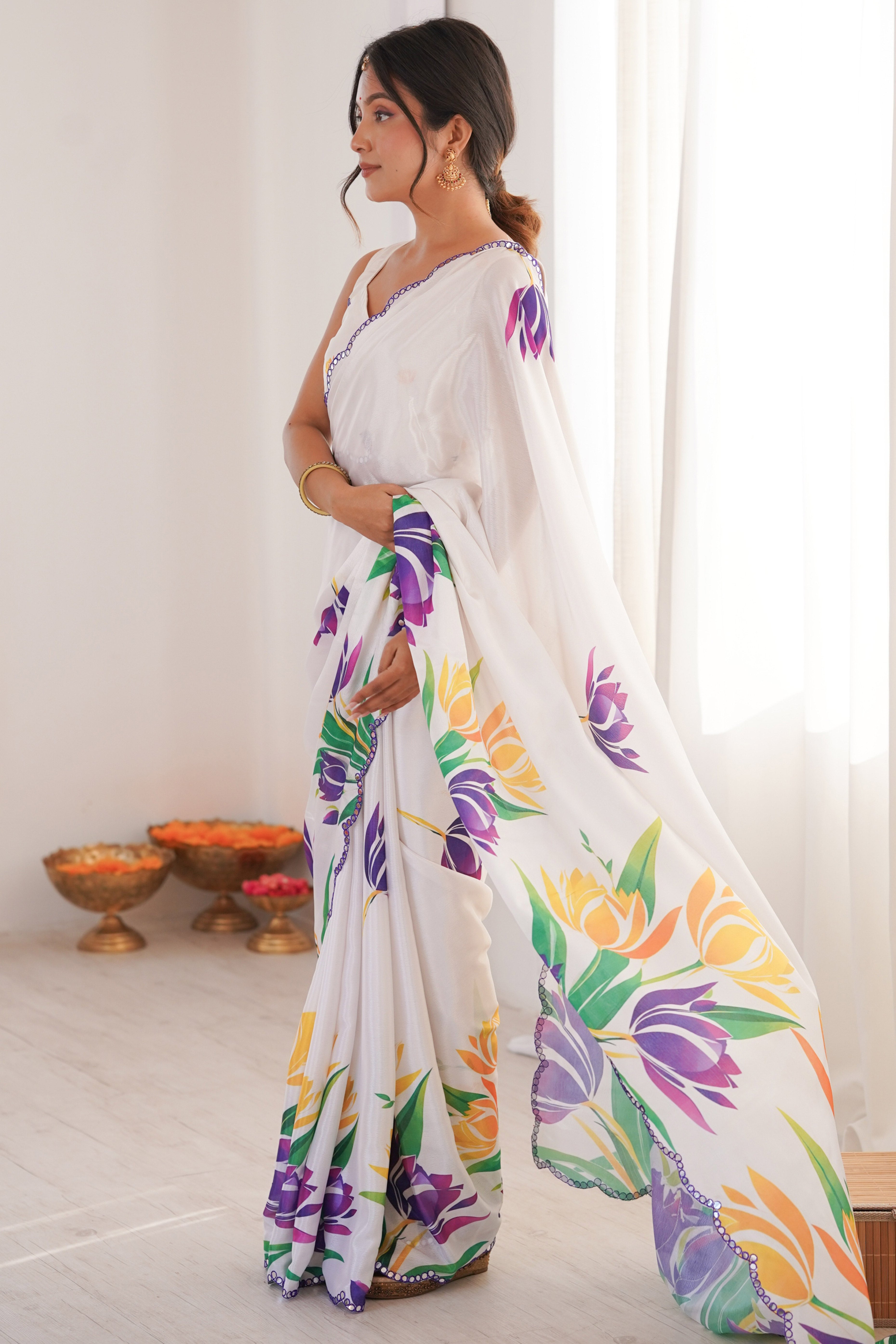 Classic White Floral Digital Print Chinon Saree Featuring Artful Embroidered Border Detailing