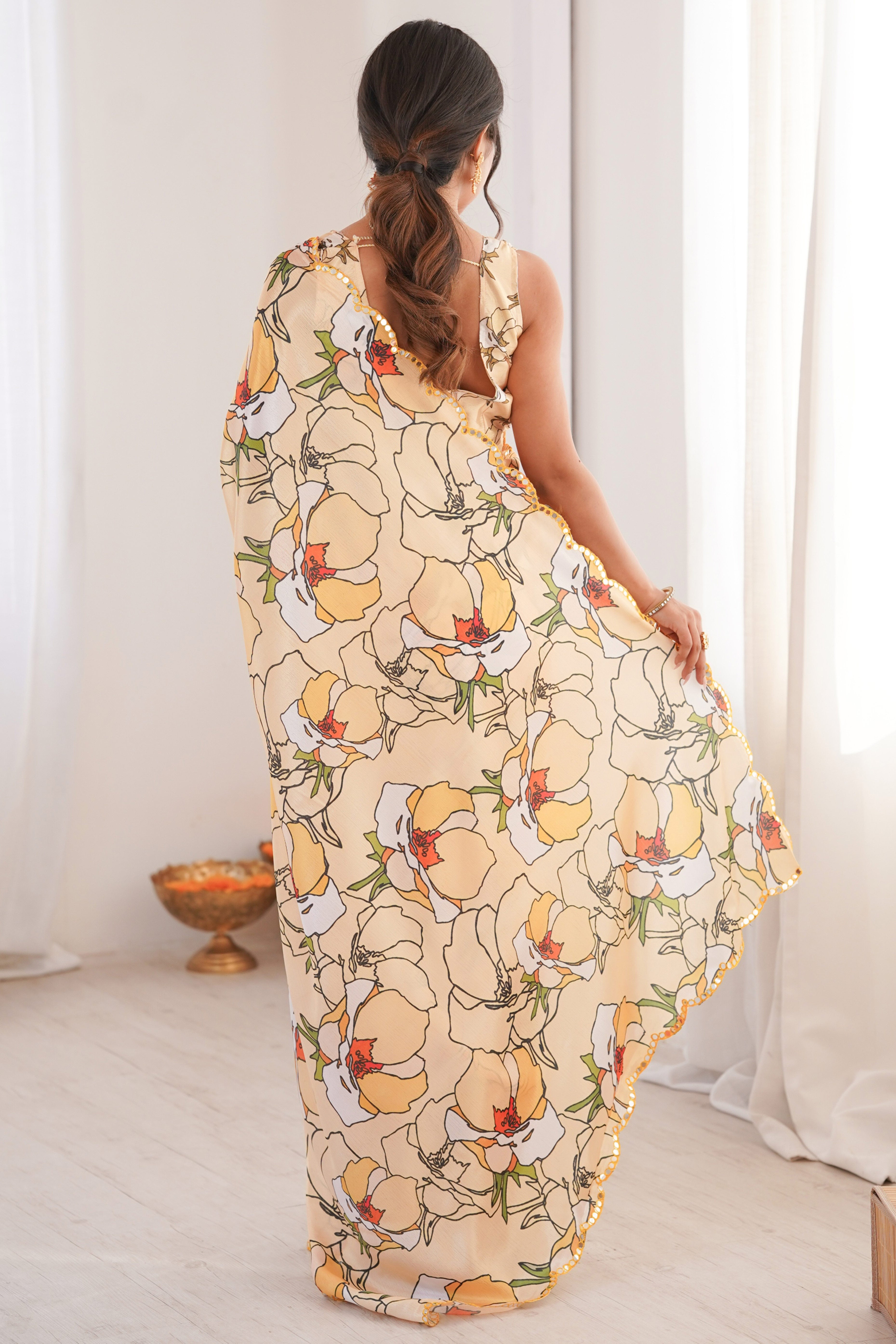 Contemporary Cream Floral Digital Printed Chinon Saree Showcasing Fine Embroidered Border Detailing