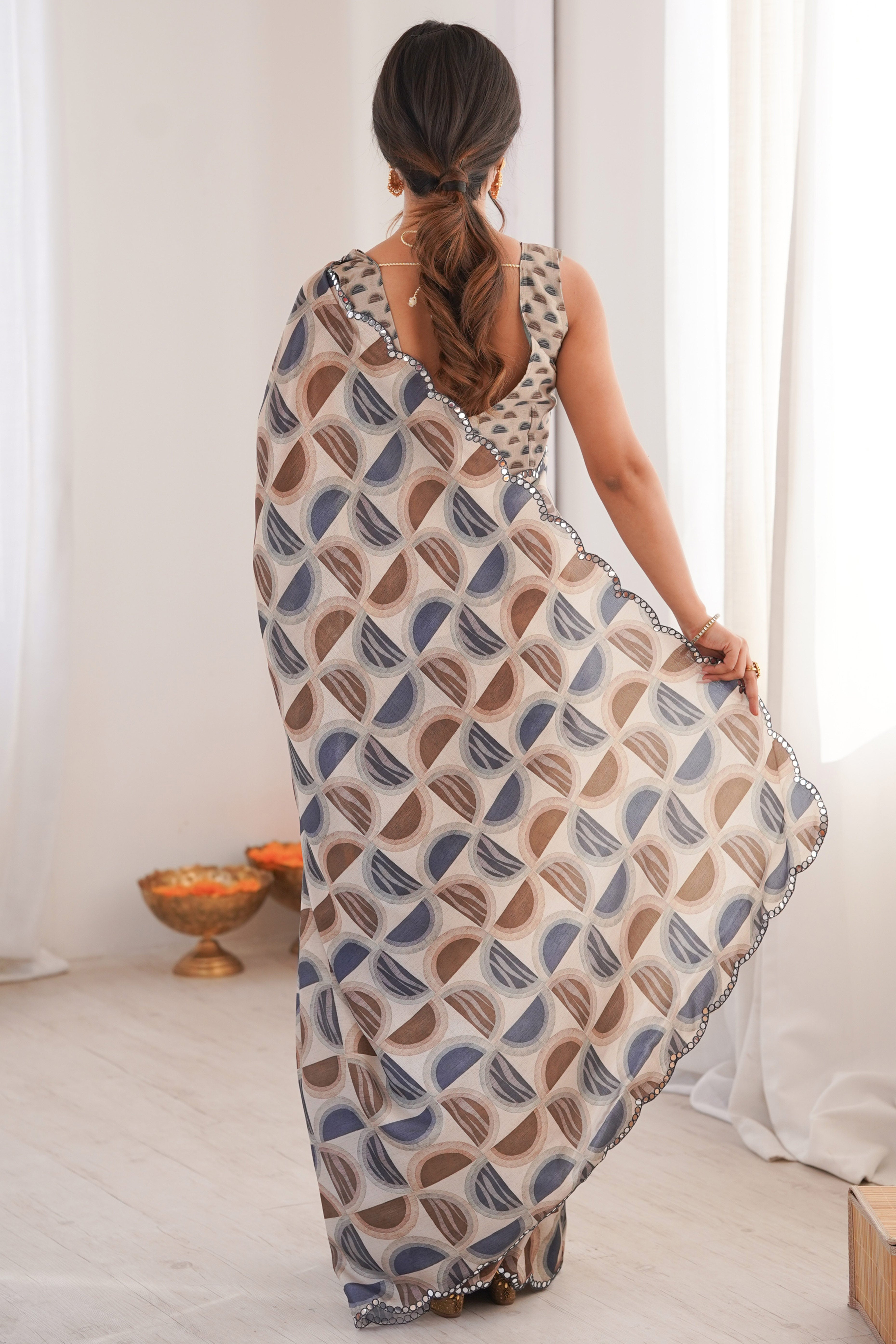 Timeless Multicolor Geometric Digital Printed Chinon Saree With Refined Embroidered Border Accents
