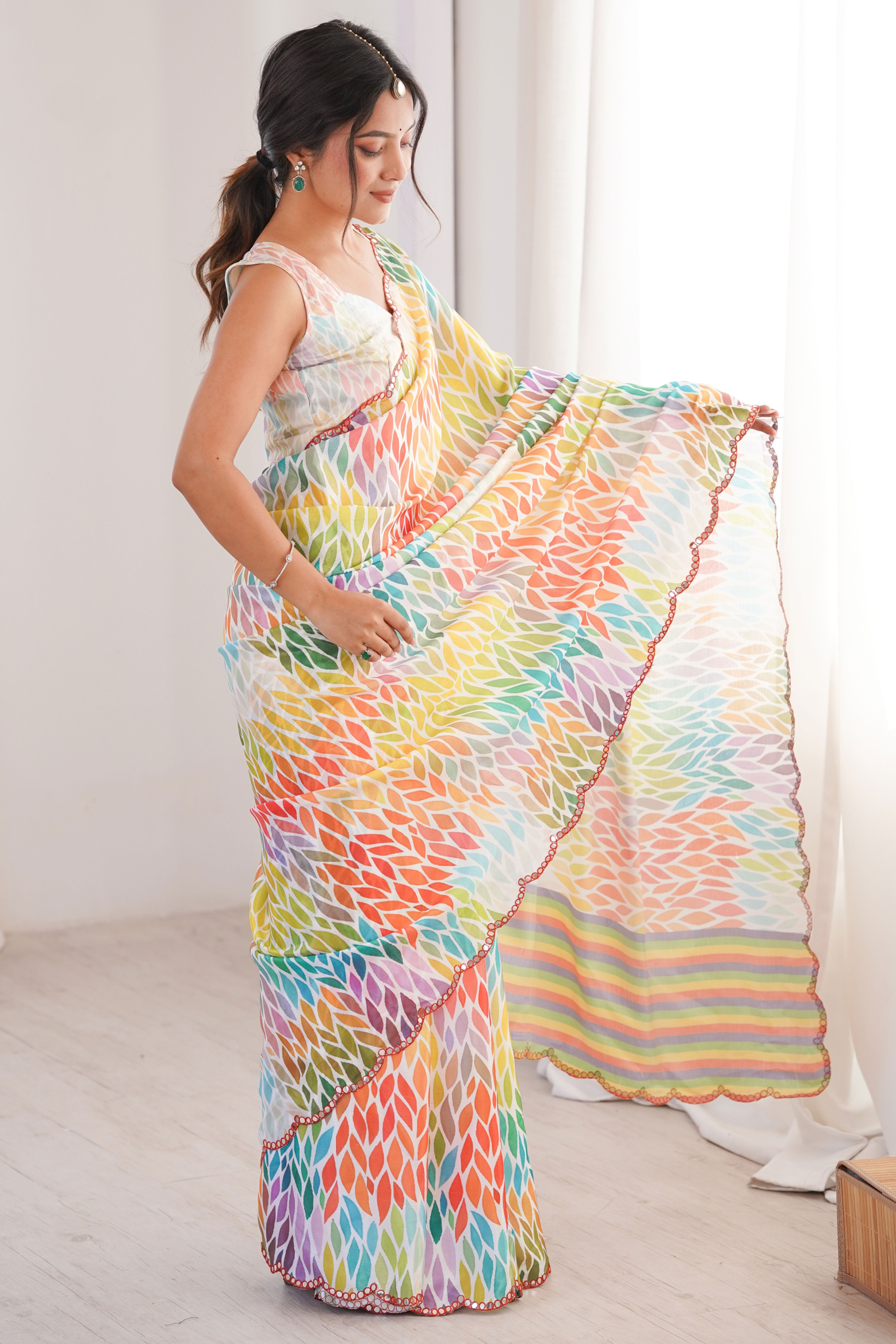 Timeless Multicolor Digital Printed Chinon Saree Enhanced With Fine Embroidered Border Accents