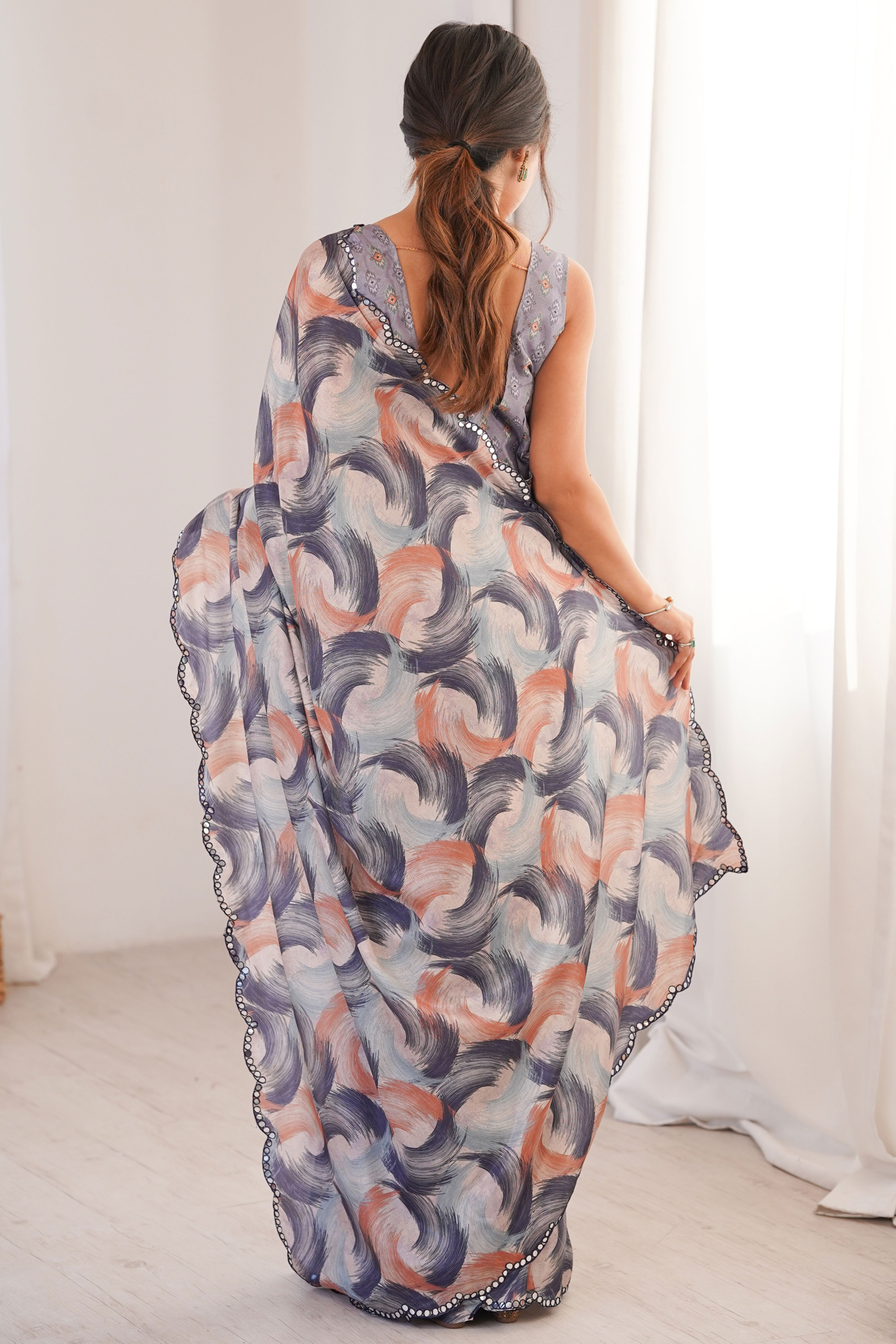 Exquisite Grey Abstract Digital Printed Chinon Saree With Elegant Embroidered Border Accents