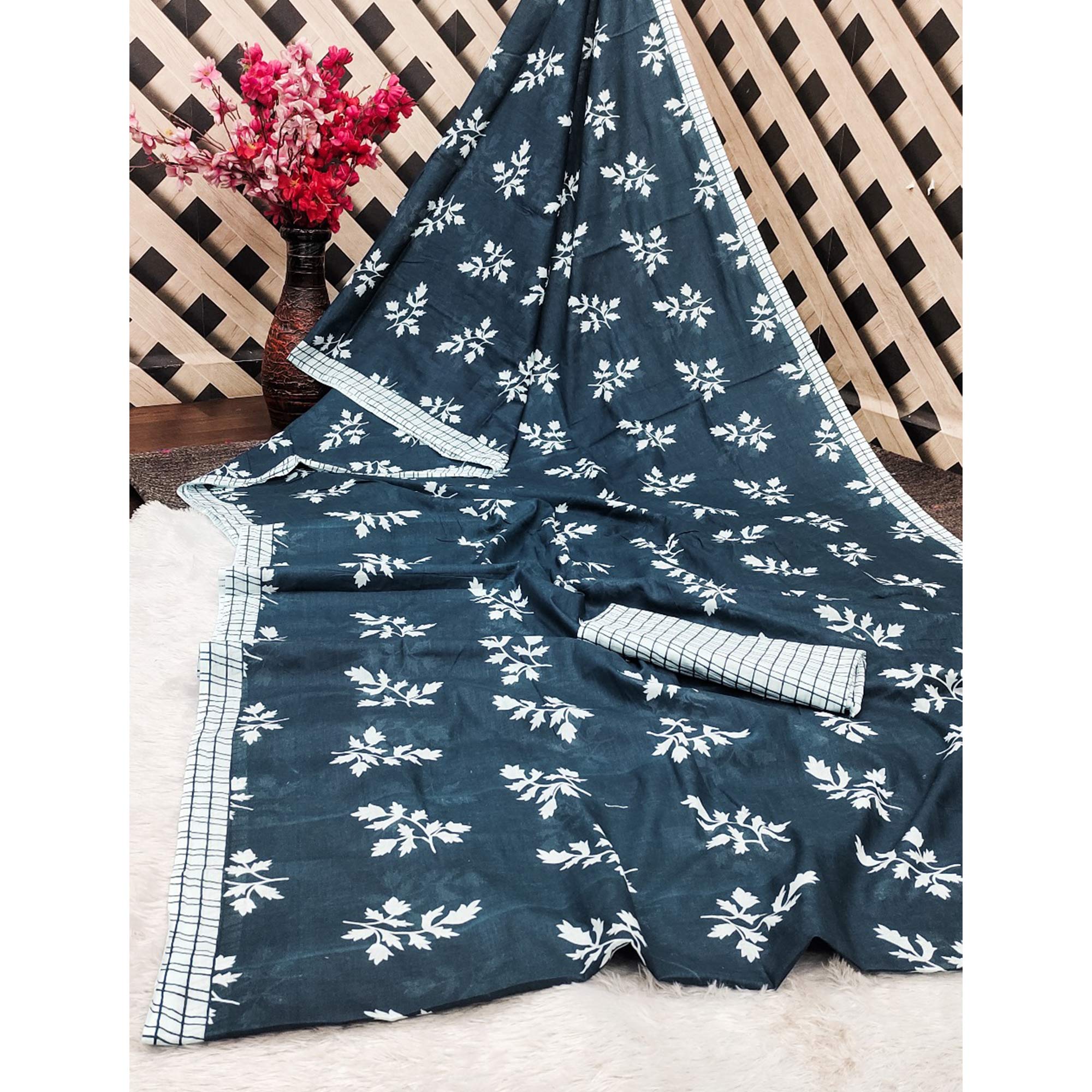 Dark Grey Floral Printed Fancy Light Weight Cotton Saree