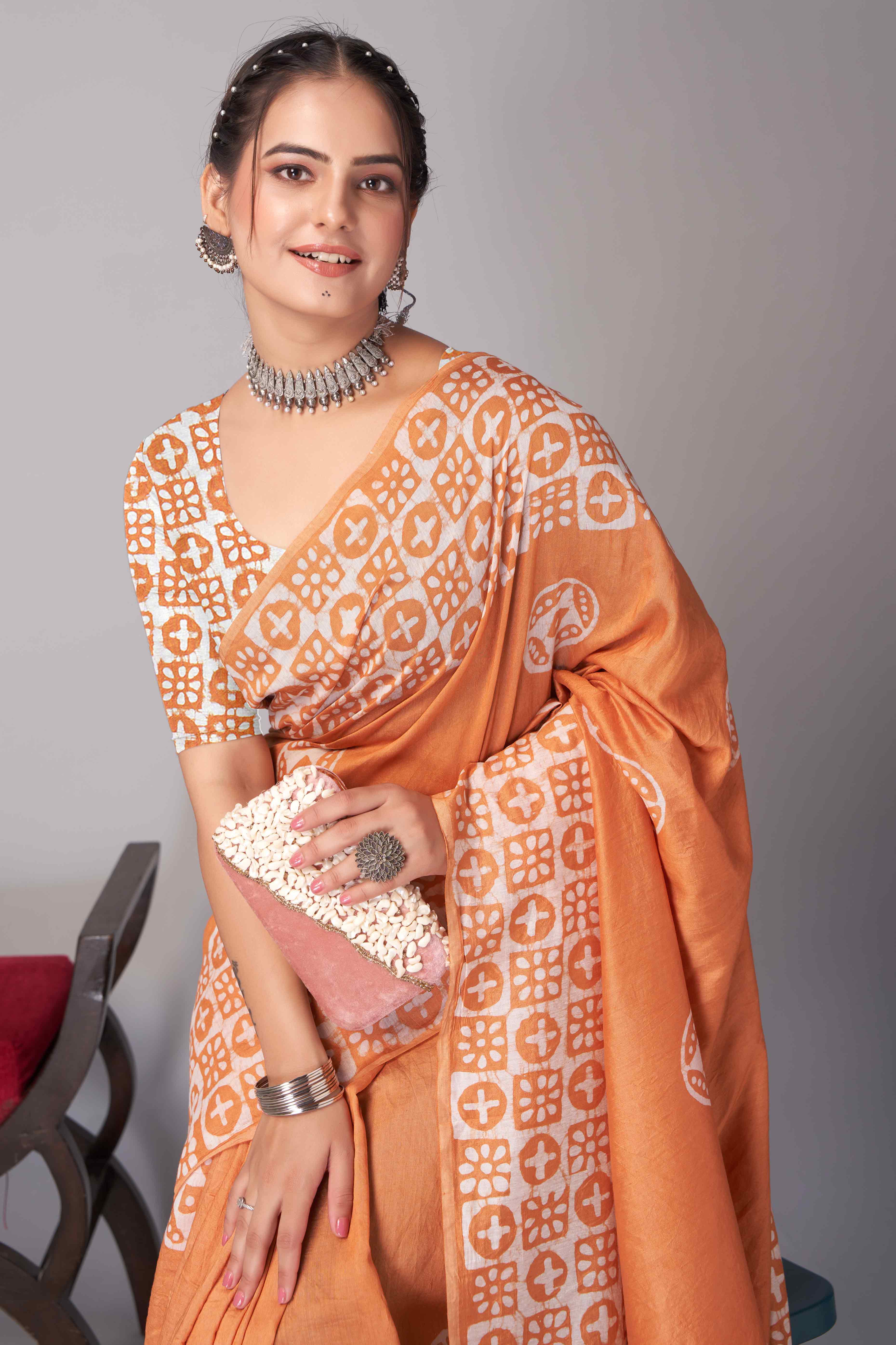 Orange Batik Printed Chanderi Cotton Silk Saree