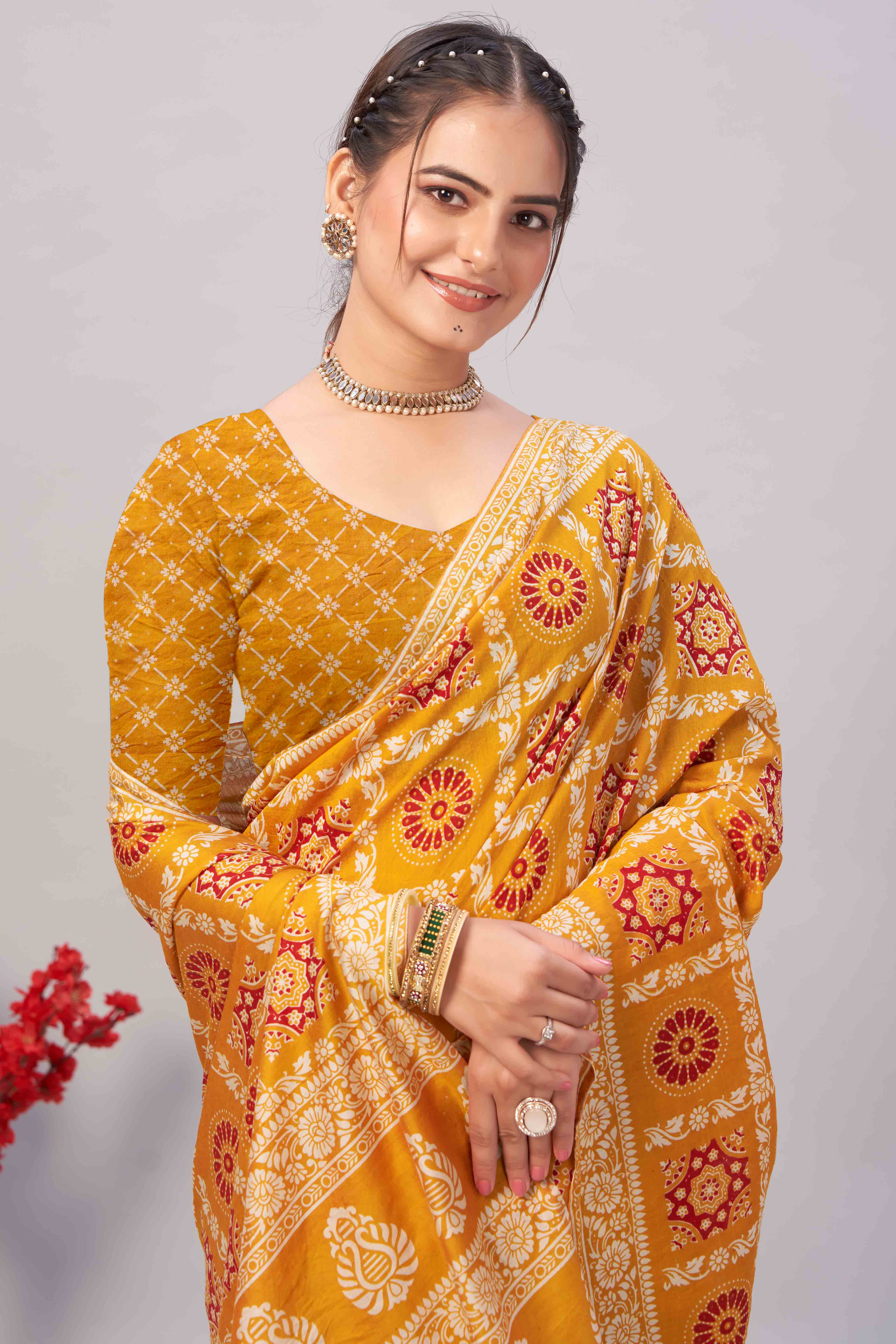 Mustard Ajrakh Printed Cotton Blend Saree