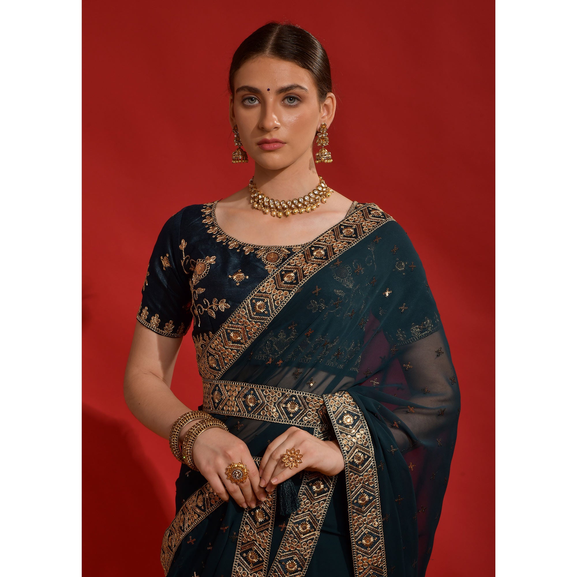 Blue Sequins Embroidered Georgette Saree