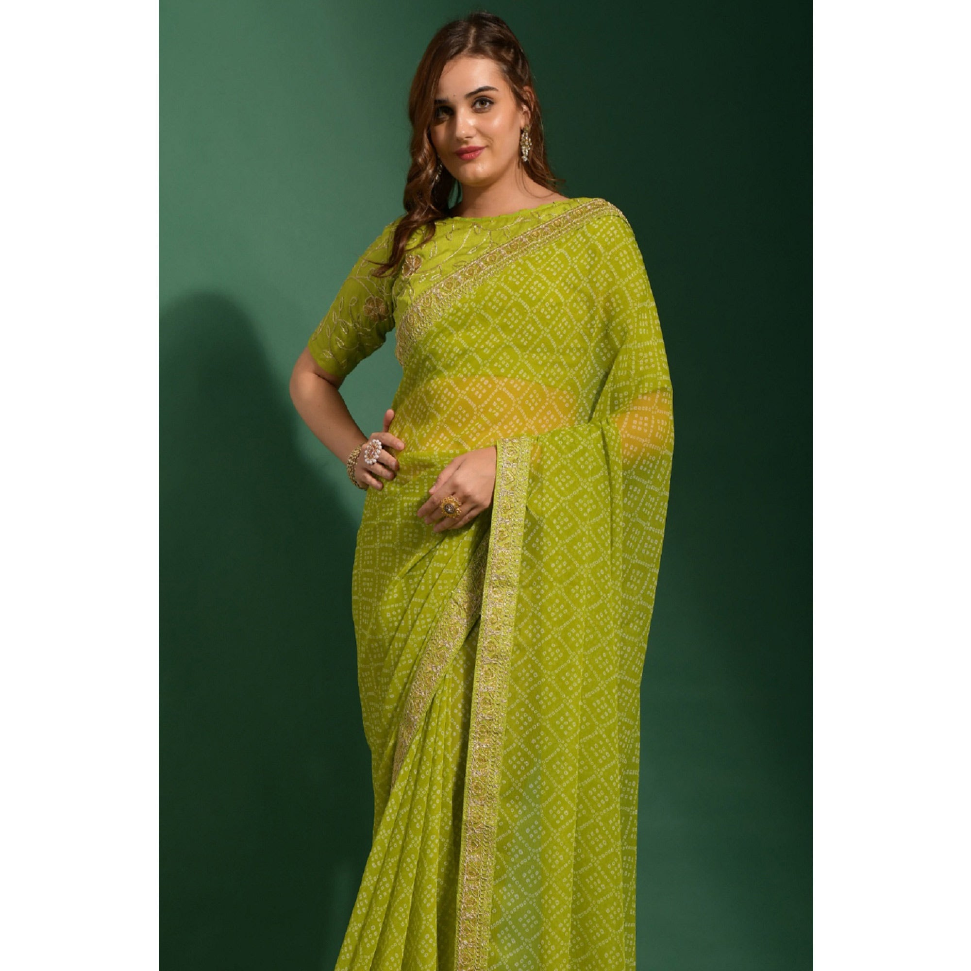 Parrot Green Bandhani Printed Georgette Saree With Embroidered Border