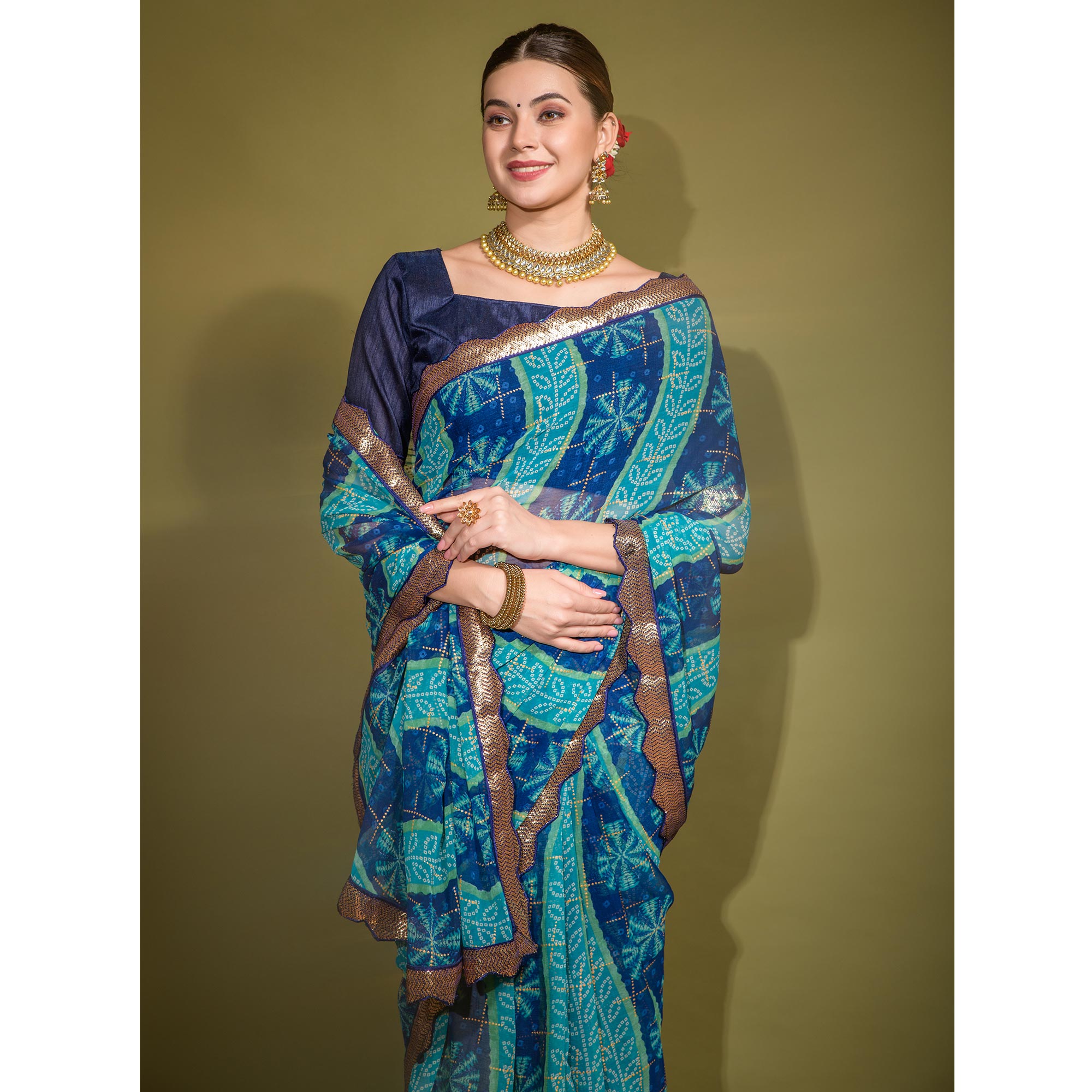 Blue Bandhani Foil Printed Georgette Saree With Embroidered Border