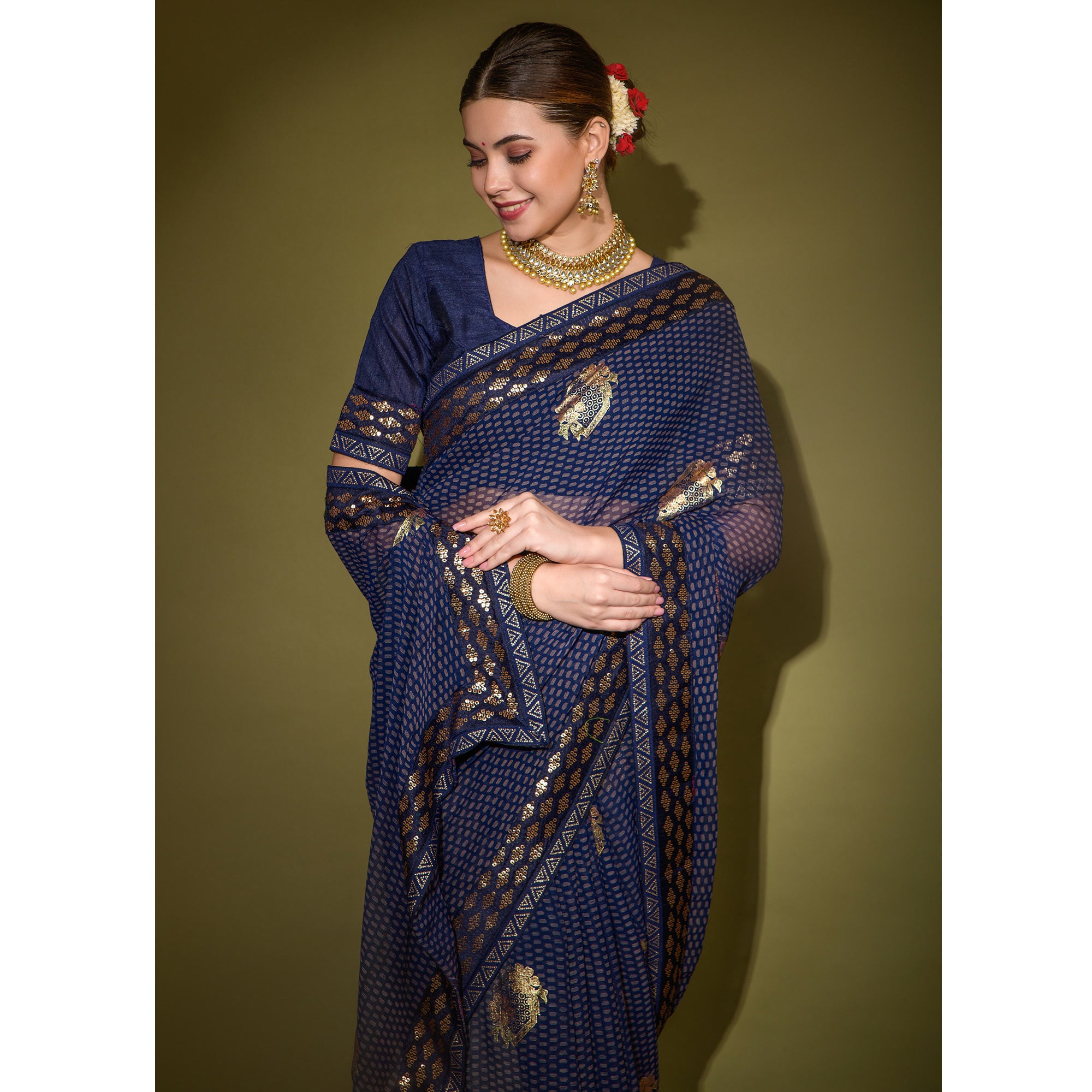 Blue Foil Printed Georgette Saree