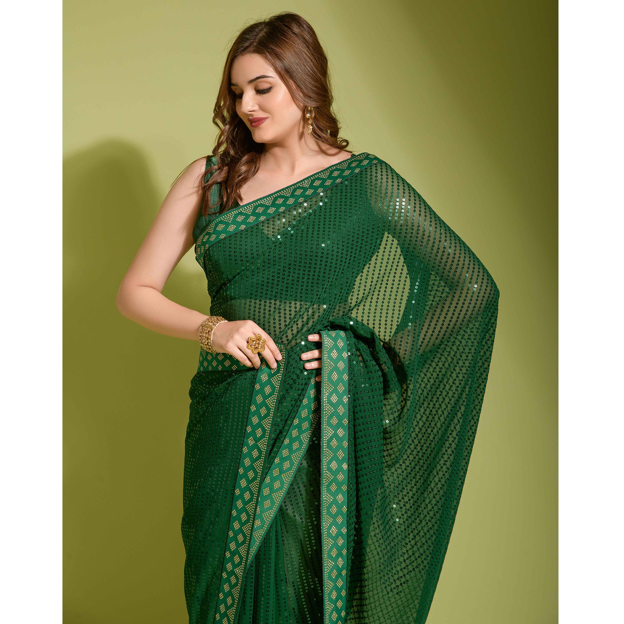 Green Sequins Embroidered Georgette Saree
