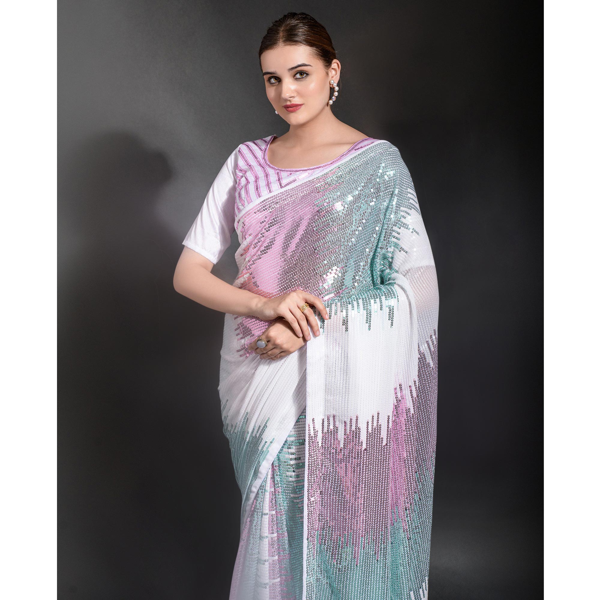 White & Pink Sequins Embroidered Georgette Saree