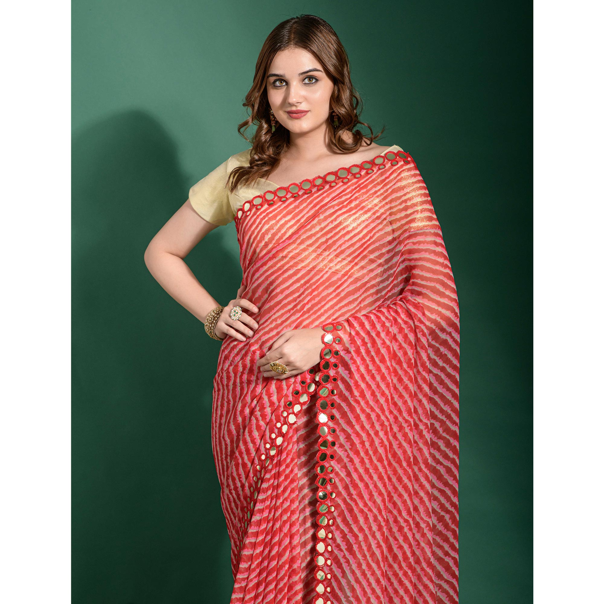 Red Leheriya Printed With Embroidered Border Chiffon Saree