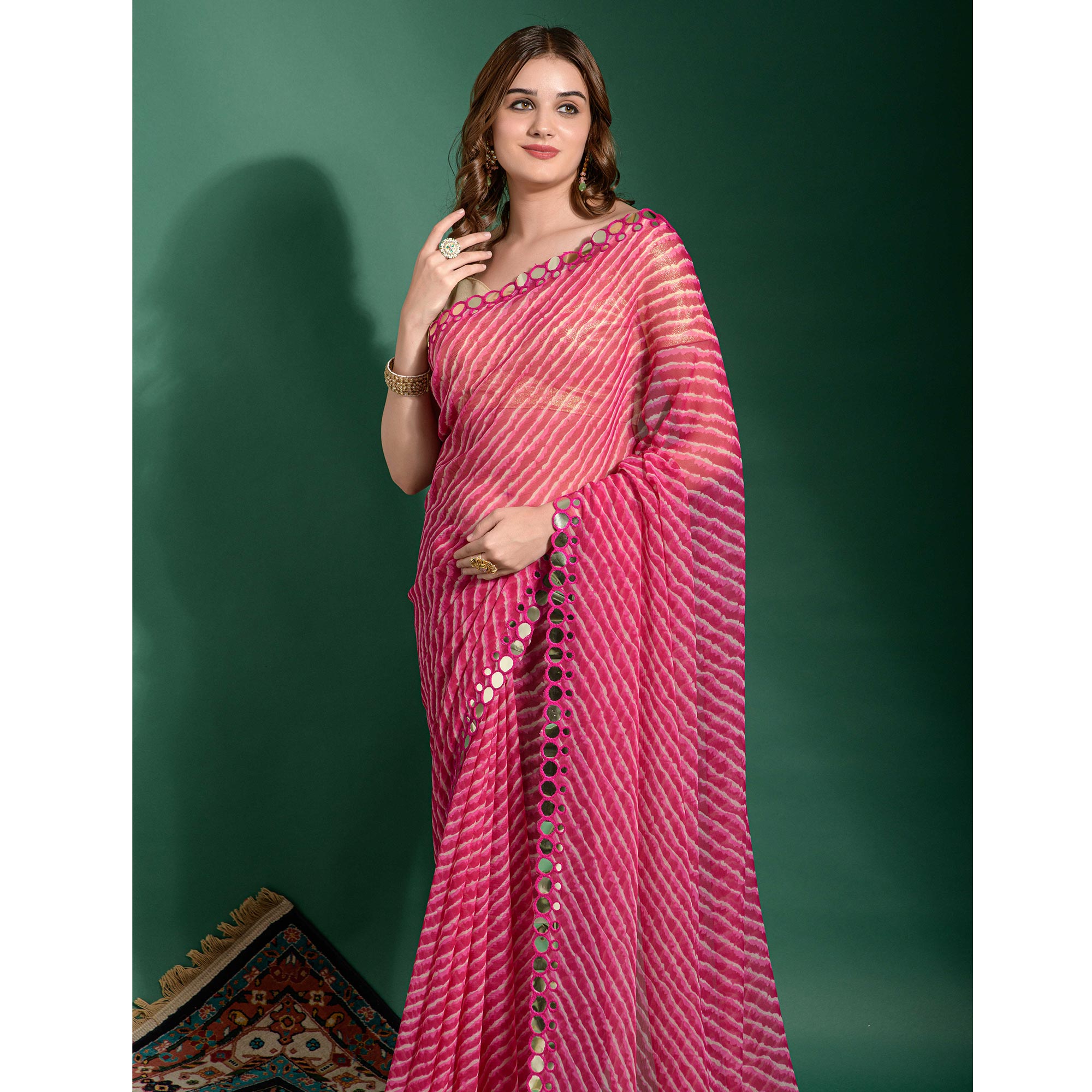 Pink Leheriya Printed With Embroidered Border Chiffon Saree