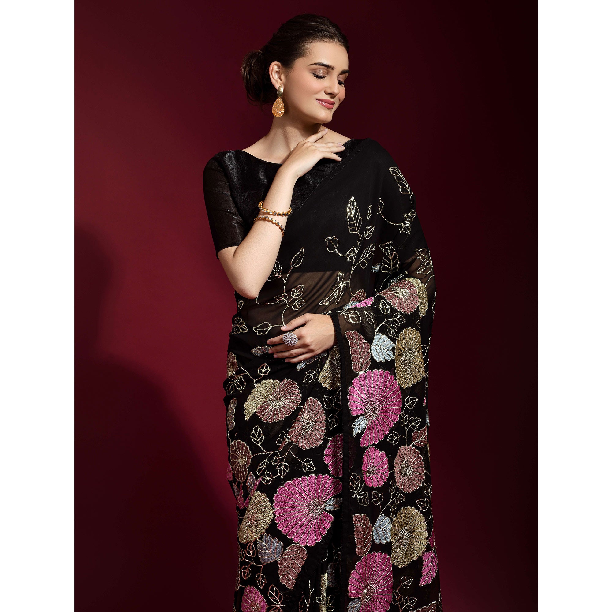 Black Floral Sequins Embroidered Georgette Saree