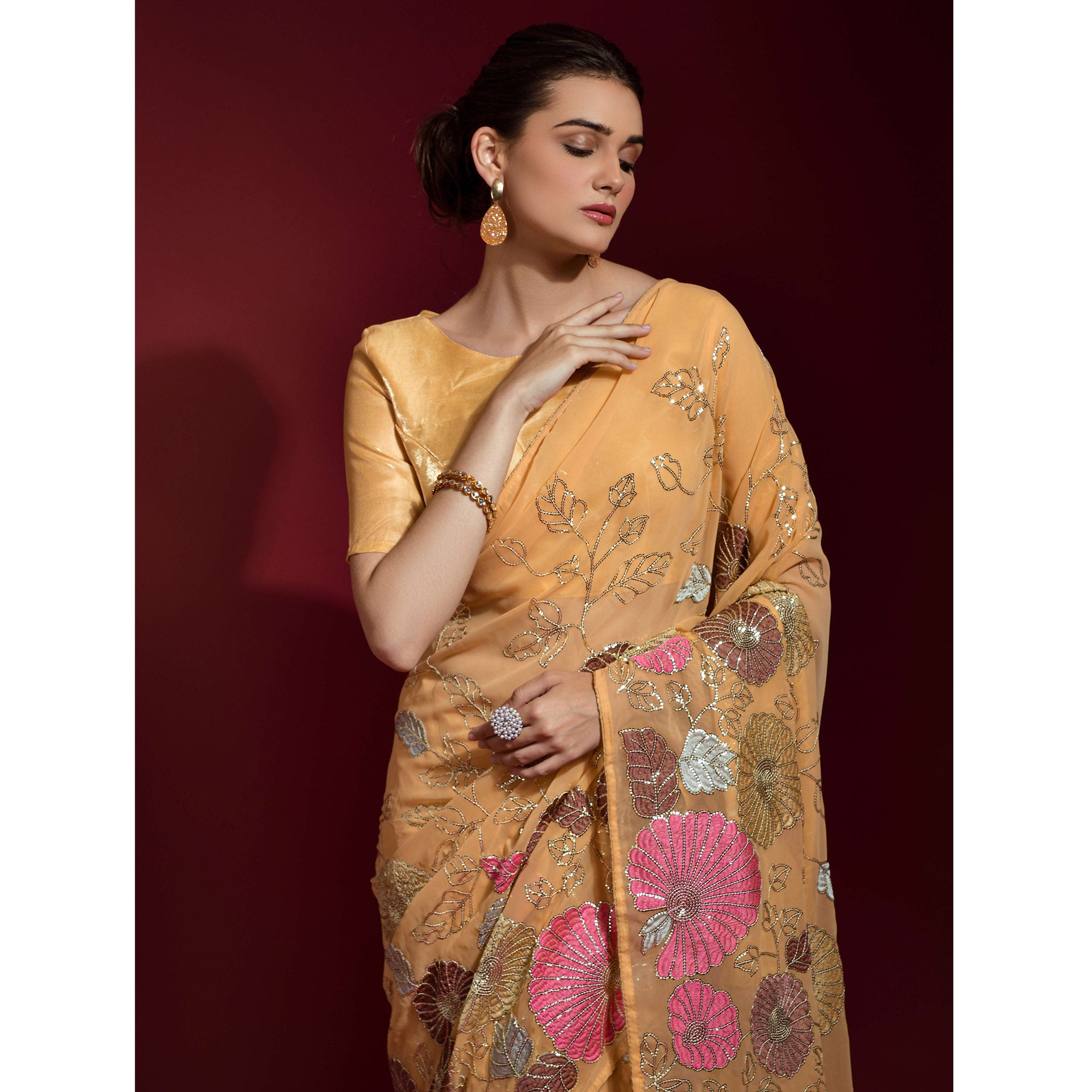 Orange Floral Sequins Embroidered Georgette Saree